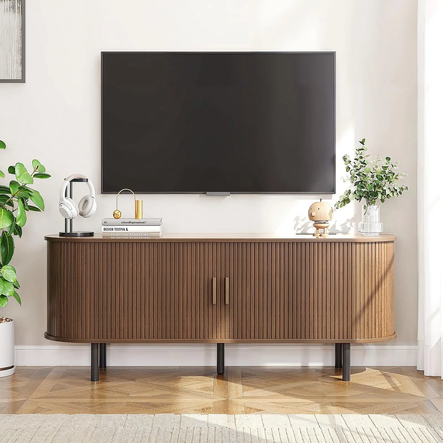 ONBRILL TV Stand With Power Outlet Sliding Doors Adjustable Shelves
