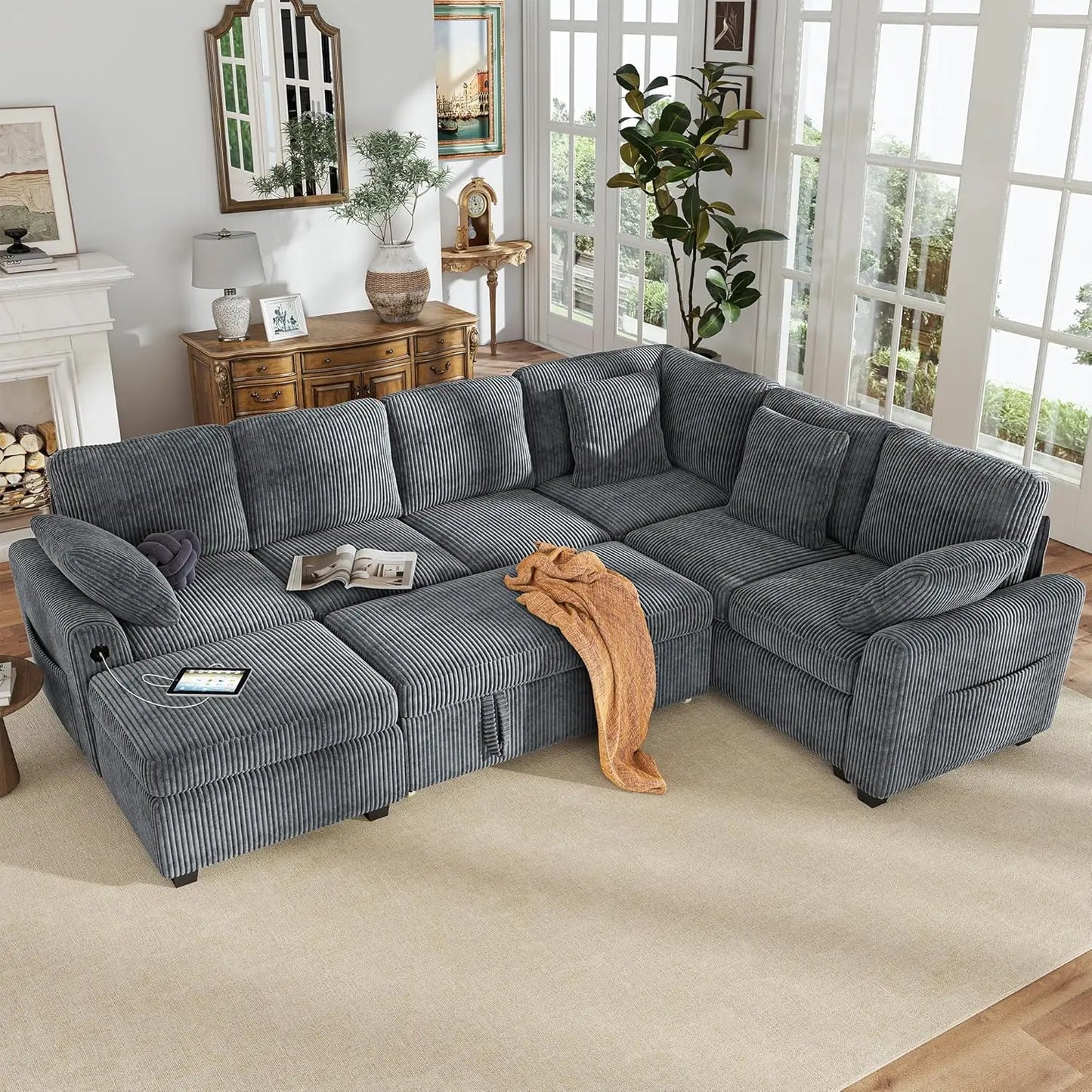 Corduroy L-Shaped Sectional Sofa With Pull-Out Bed Storage USB Charging