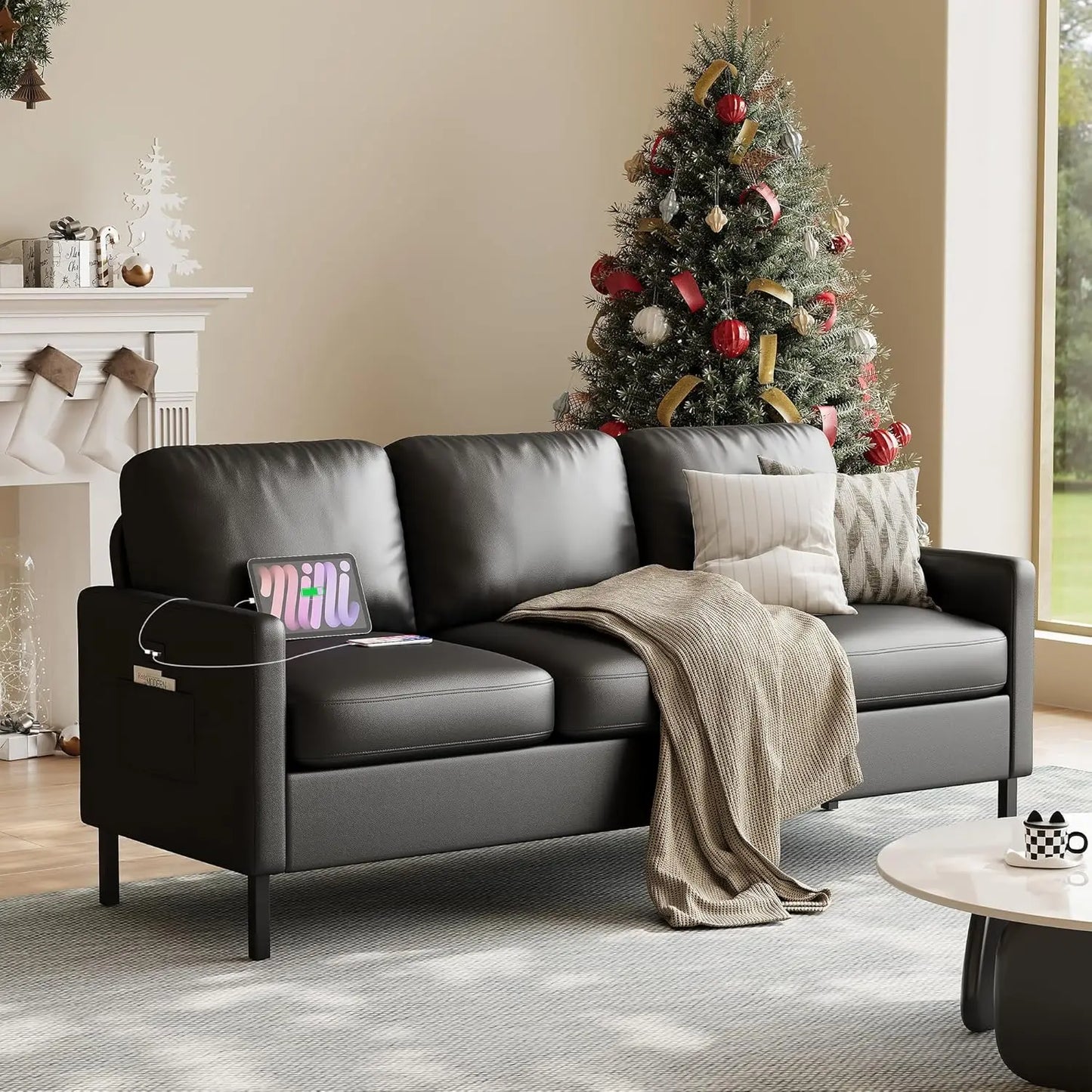 Faux Leather Sofa Modern With USB Ports For Living Room