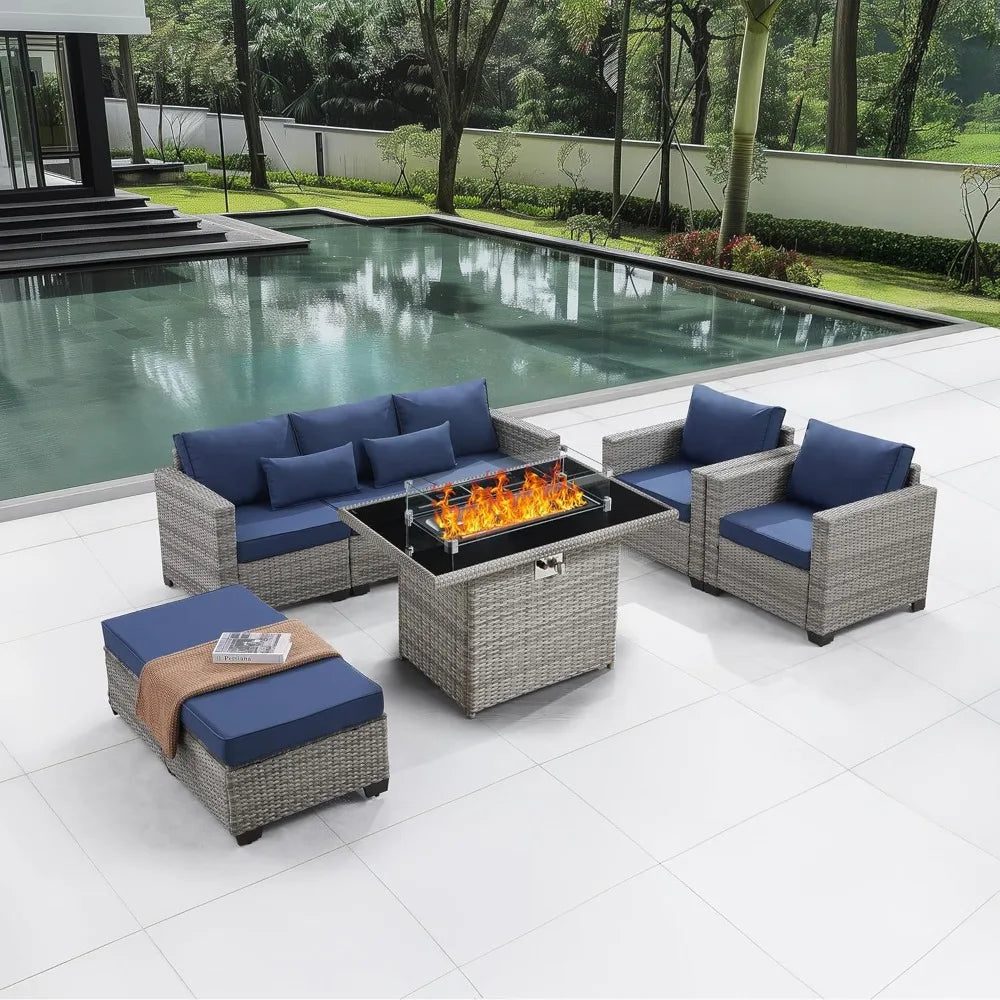6-Piece Outdoor Patio Set with Fire Pit Table, PE Rattan Furniture & Cover, 60000 BTU Propane Heater (Royal Blue)
