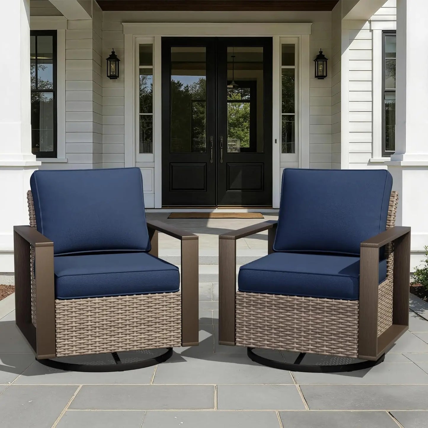 Outdoor Swivel Rocker Chairs Set 2 Pieces Wicker Rattan Cushions