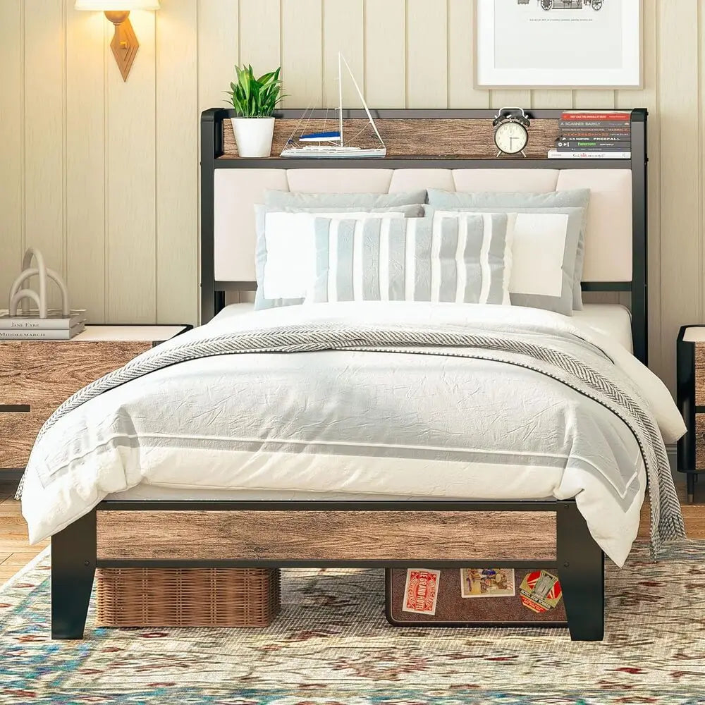 LIKIMIO Bed Frame With Storage Headboard And Charging Station