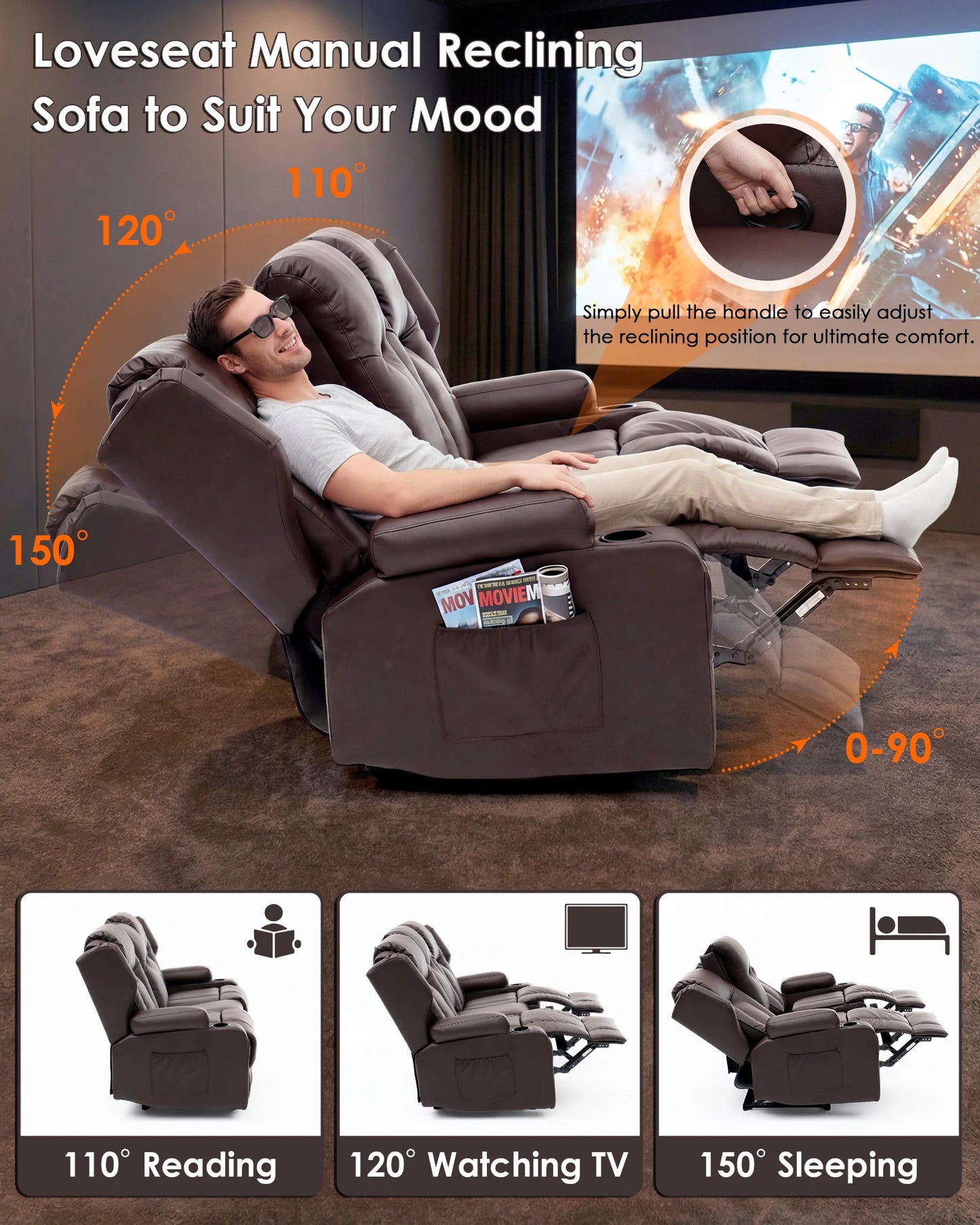 Redlife Loveseat Recliner Sofa With Console Heating Massage