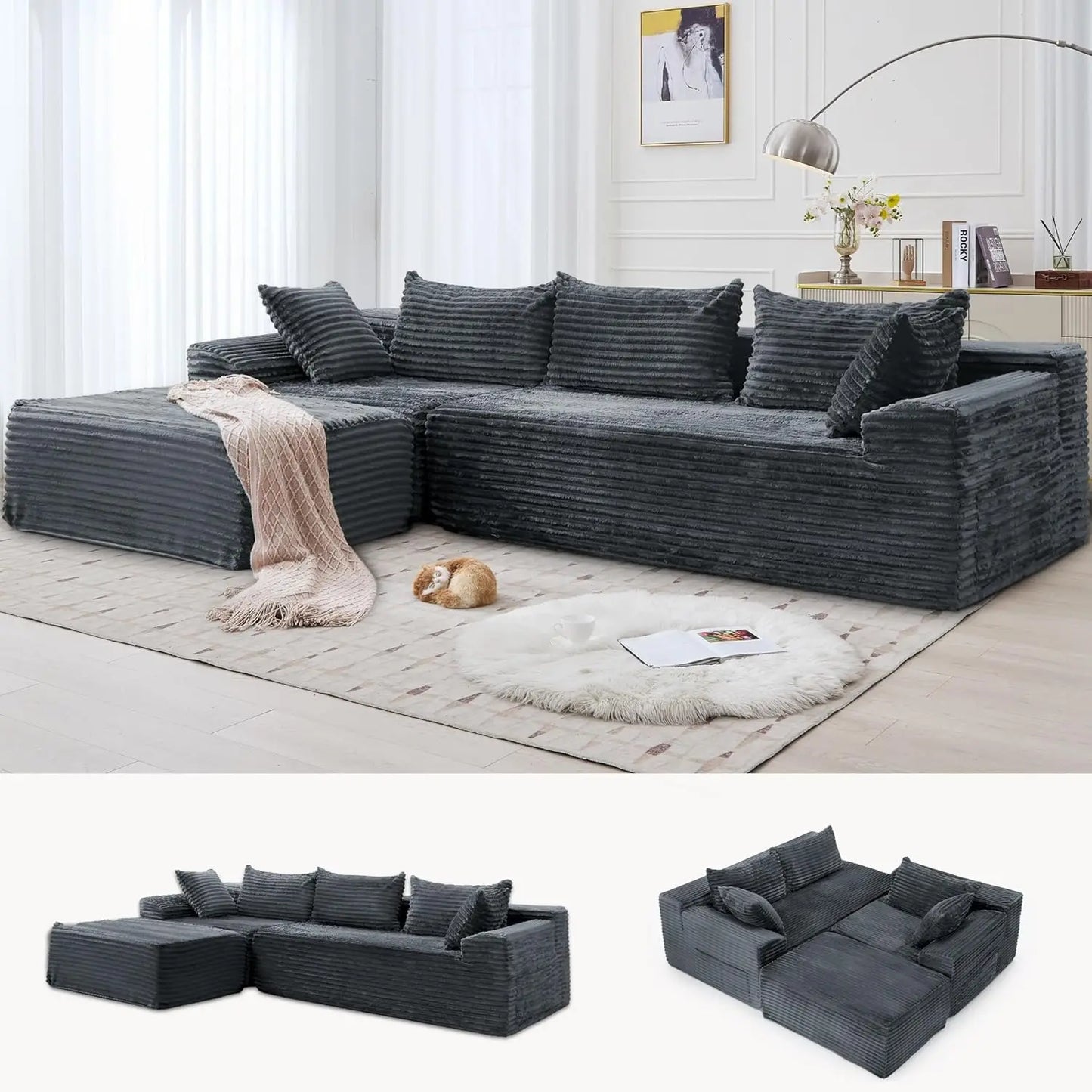Modular Sectional Sofa L-Shape Chaise Cloud Couch Living Room Corduroy