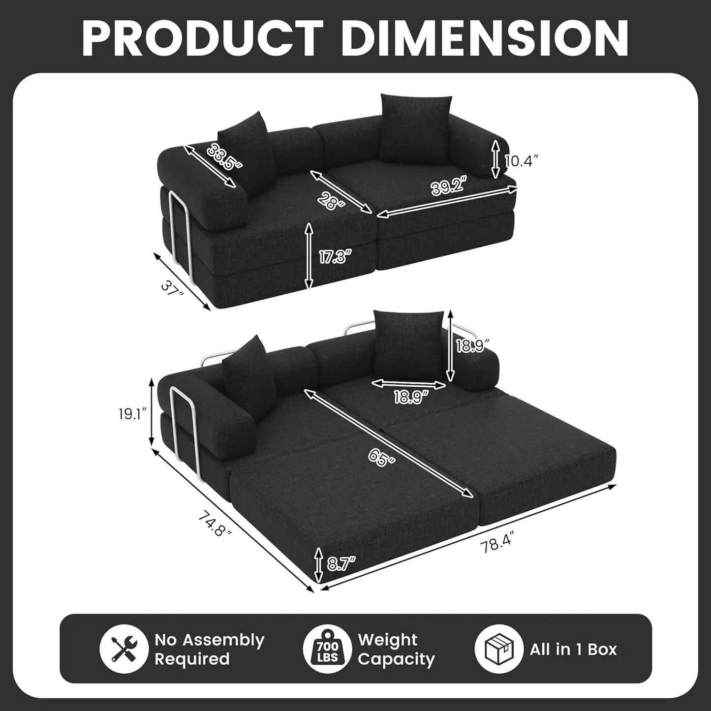 Foldable Convertible Sofa Bed With Foam Cushions And Fixed Frame