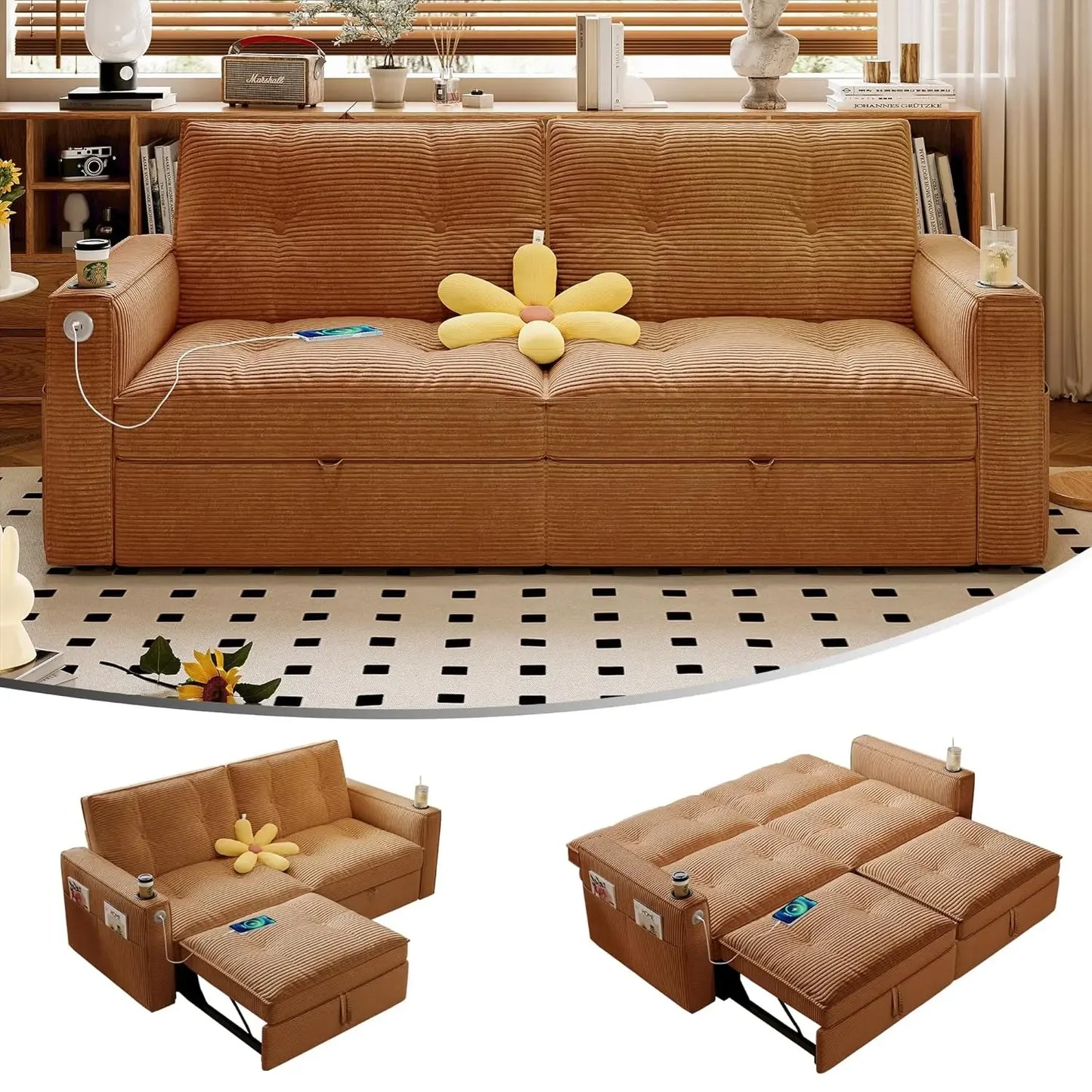 Guangbai Modern Seater Sofa Bed With USB Ports Pockets