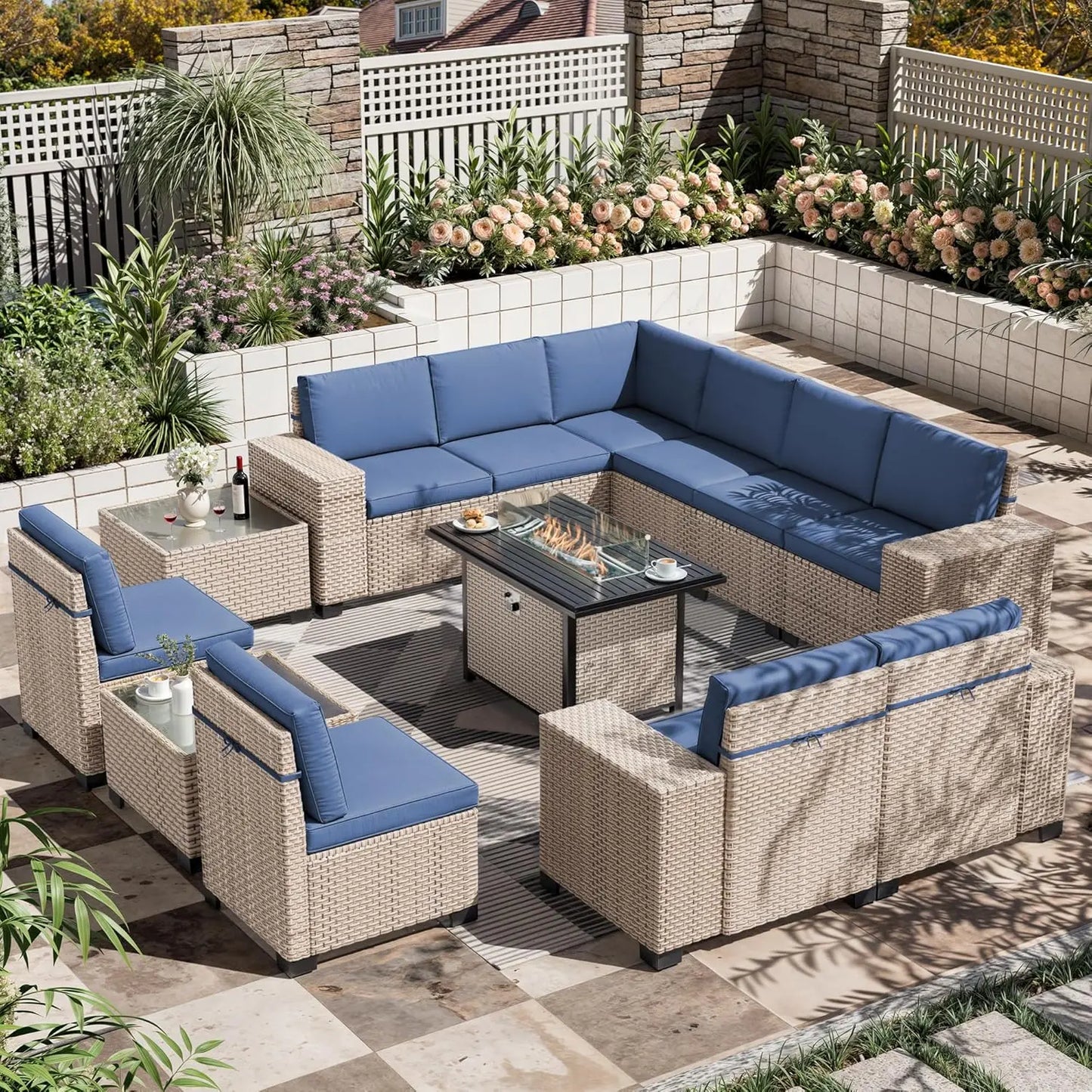 13 Pieces Patio Furniture Set,Outdoor Sectional Wicker Sofa,High Back Rattan Patio Conversation Sets