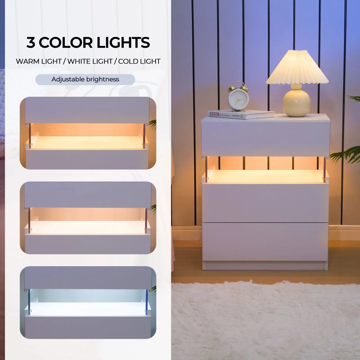 Cubehom LED Bedside Tables 2 Pack With 3 Drawers Bedroom