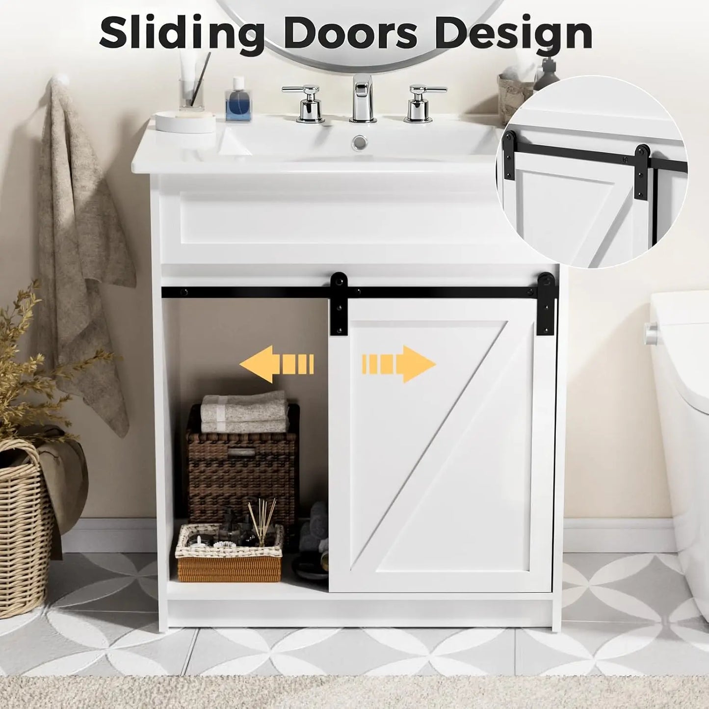Farmhouse Bathroom Vanity Set With Sliding Barn Door And Drawers