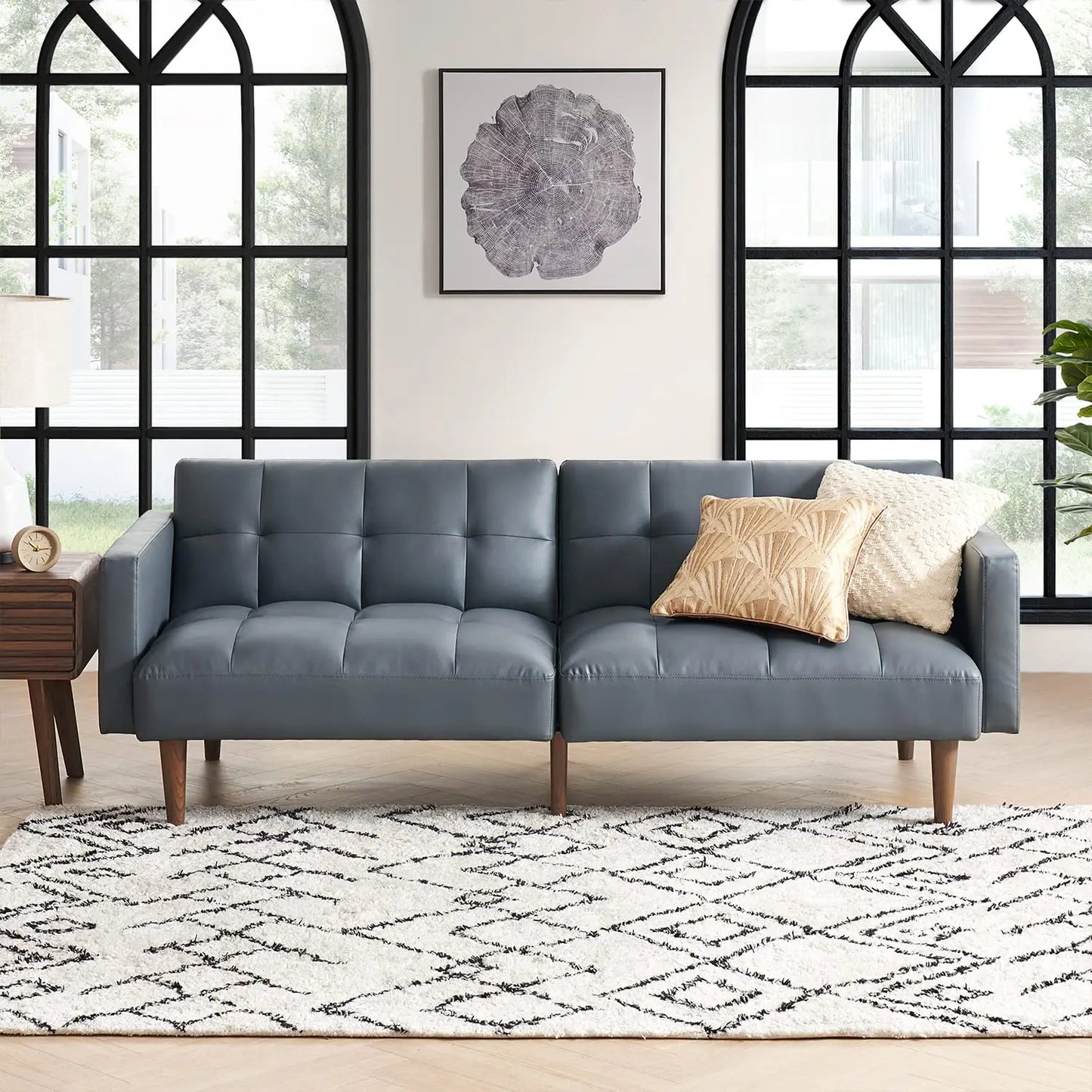 Mid Century Futon Sofa Bed PU Leather Loveseat Wood Frame