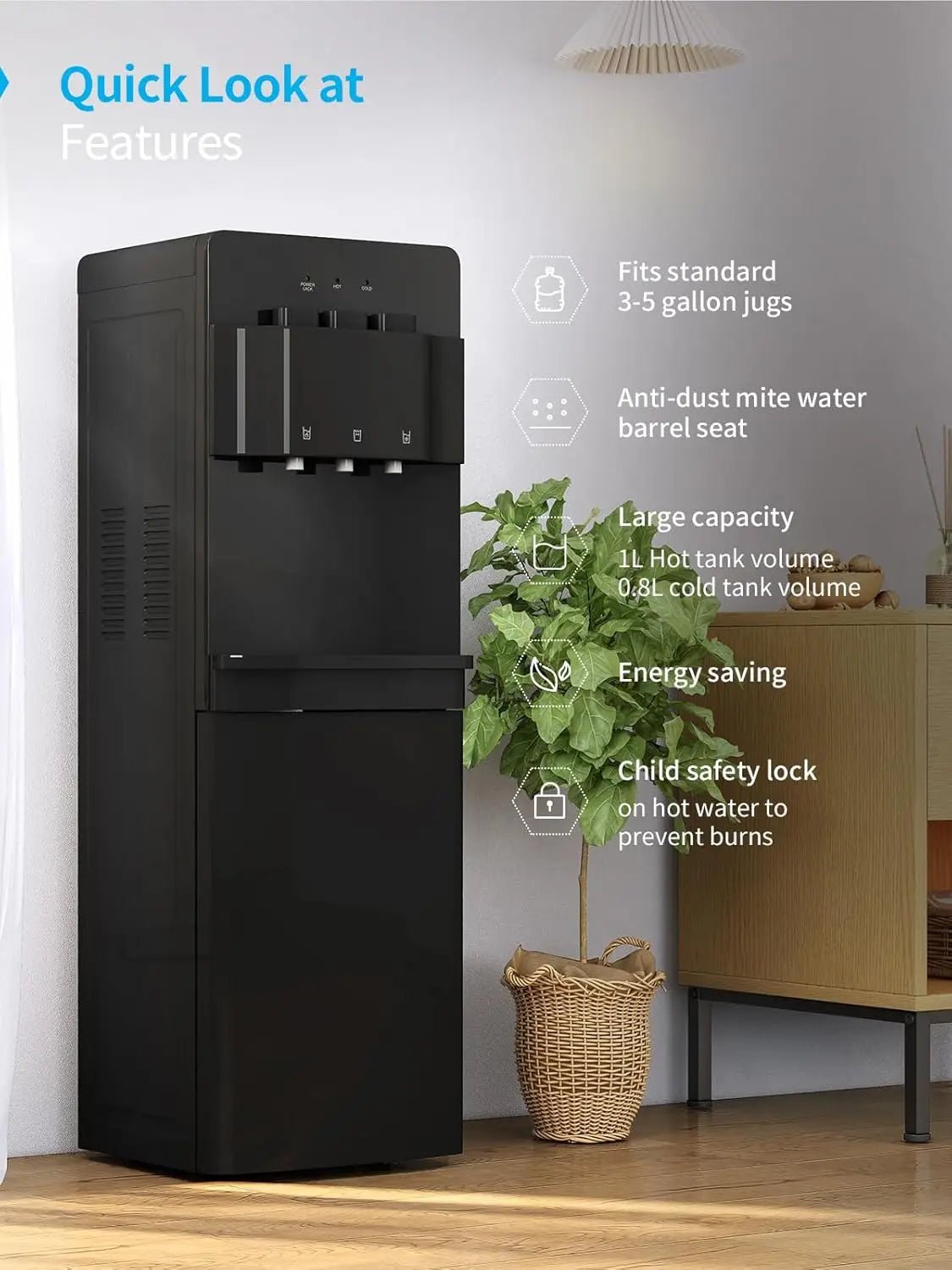 Bottom Loading Water Cooler Dispenser With 3 Settings Hot Cold