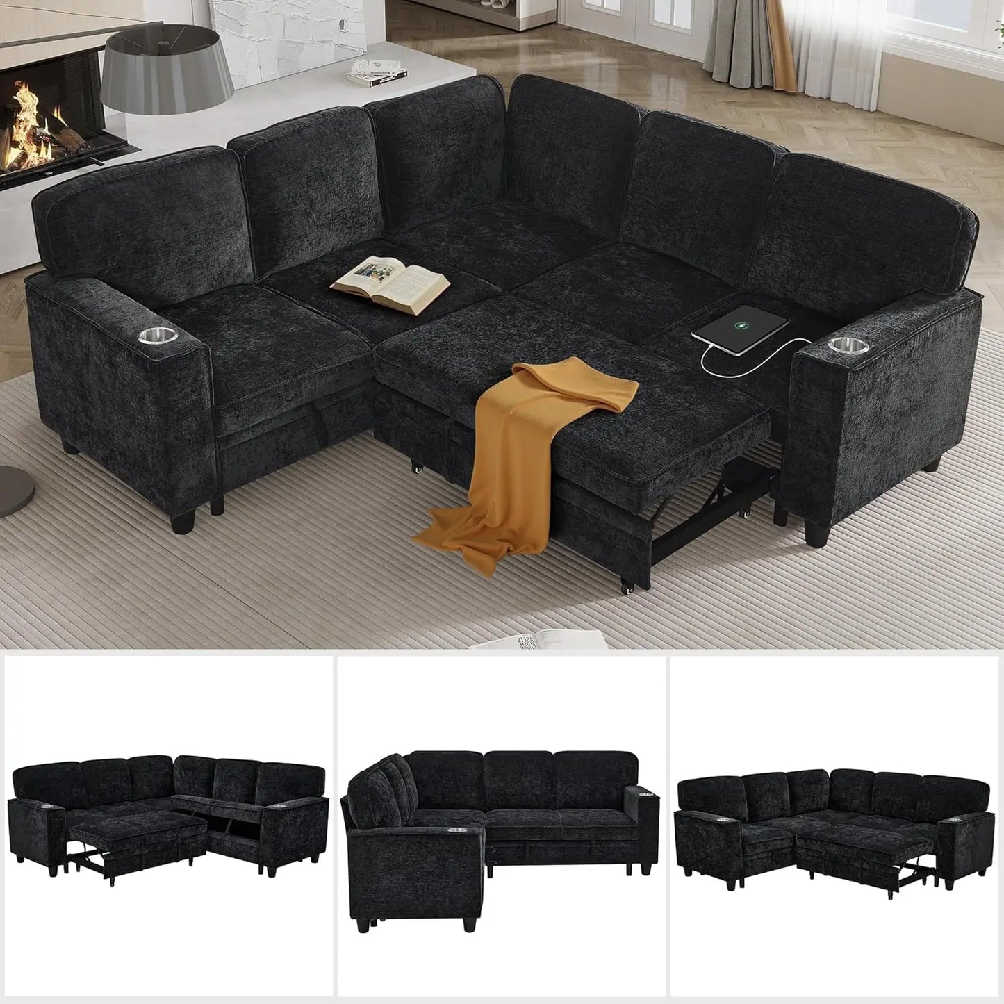 Modular L Shaped Sectional Sofa With Sleeper Storage USB Ports