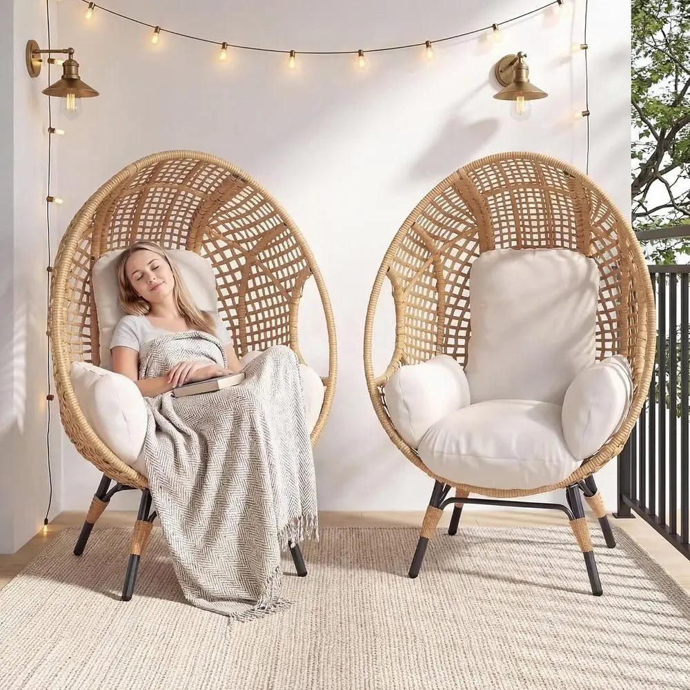 Double Set Indoor/Outdoor Wicker Egg Chairs with Cushion for Patio, Living Room, Balcony, or Backyard (Beige-Grid)