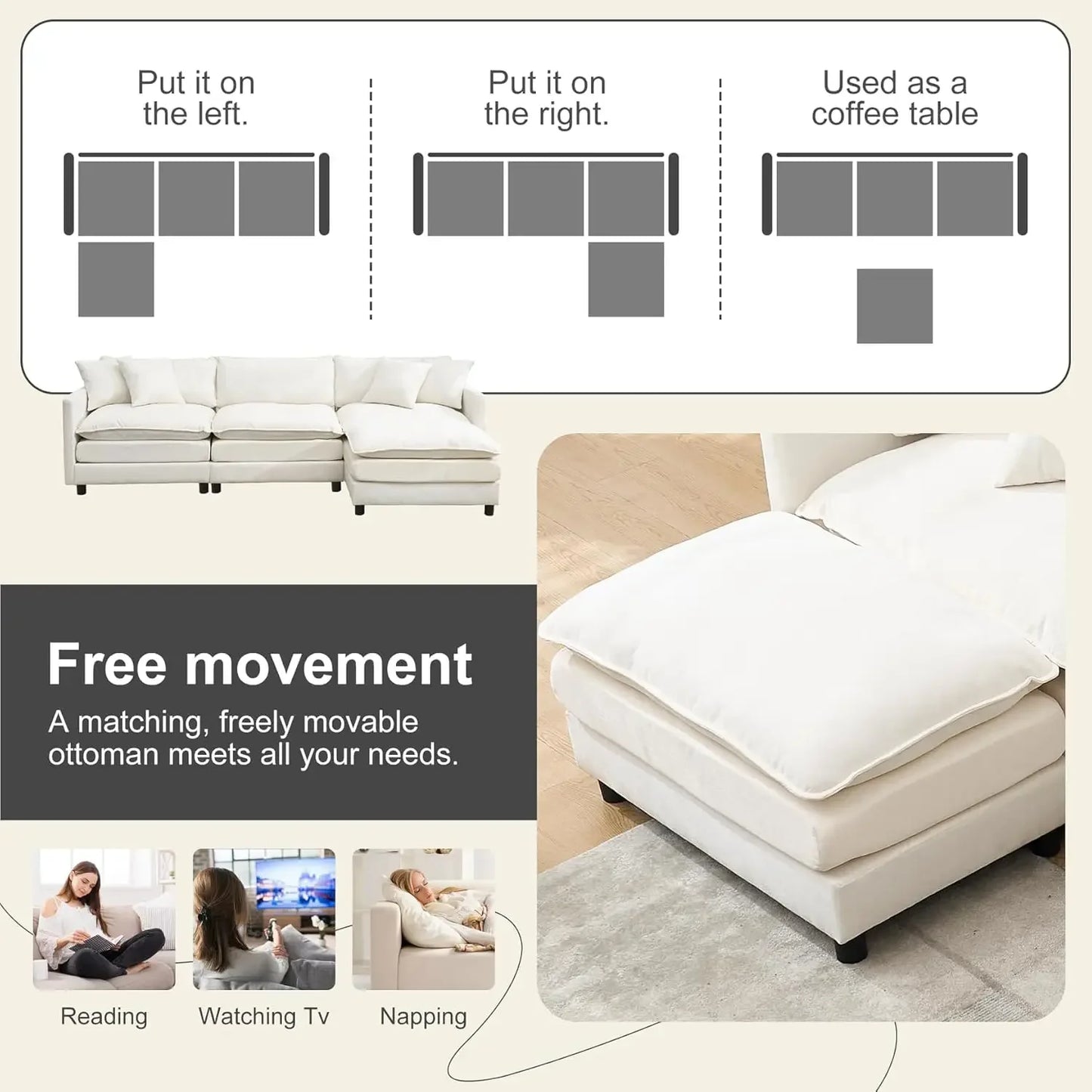 108" Cloud Sectional Couches for Living Room,Convertible L-Shape Couch with Ottoman,3 Seater Modular Sectional Sofa, Customized