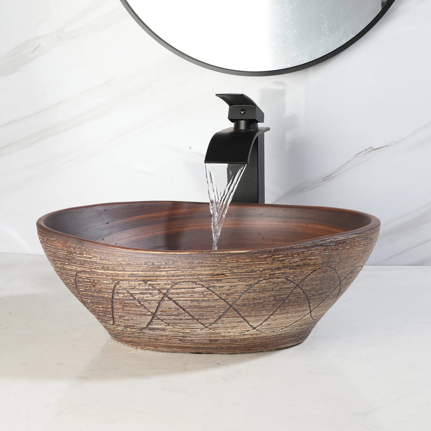 KEMAIDI Artistic Oval Wood Grain Vessel Sink Set With Faucet