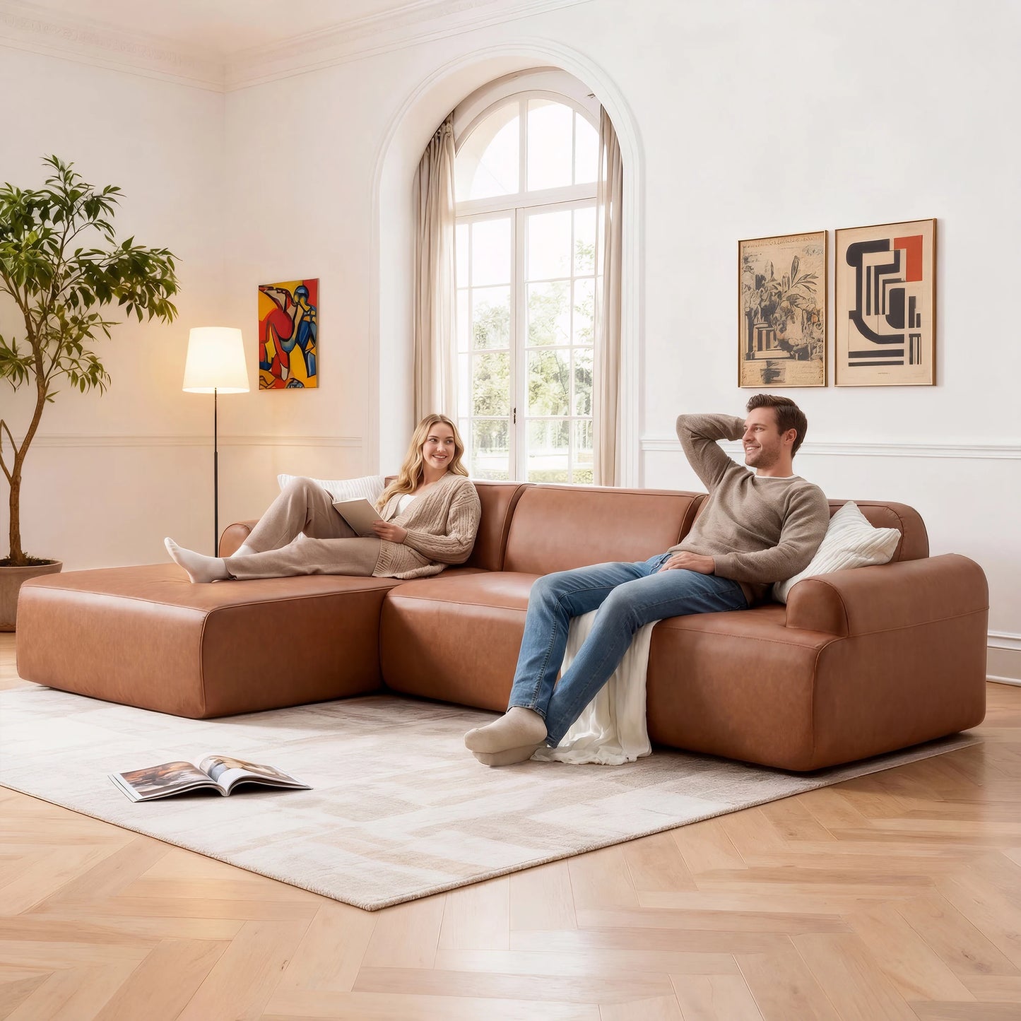 THOLASIS L Shaped Modular Leather Sofa Deep Seat Comfort