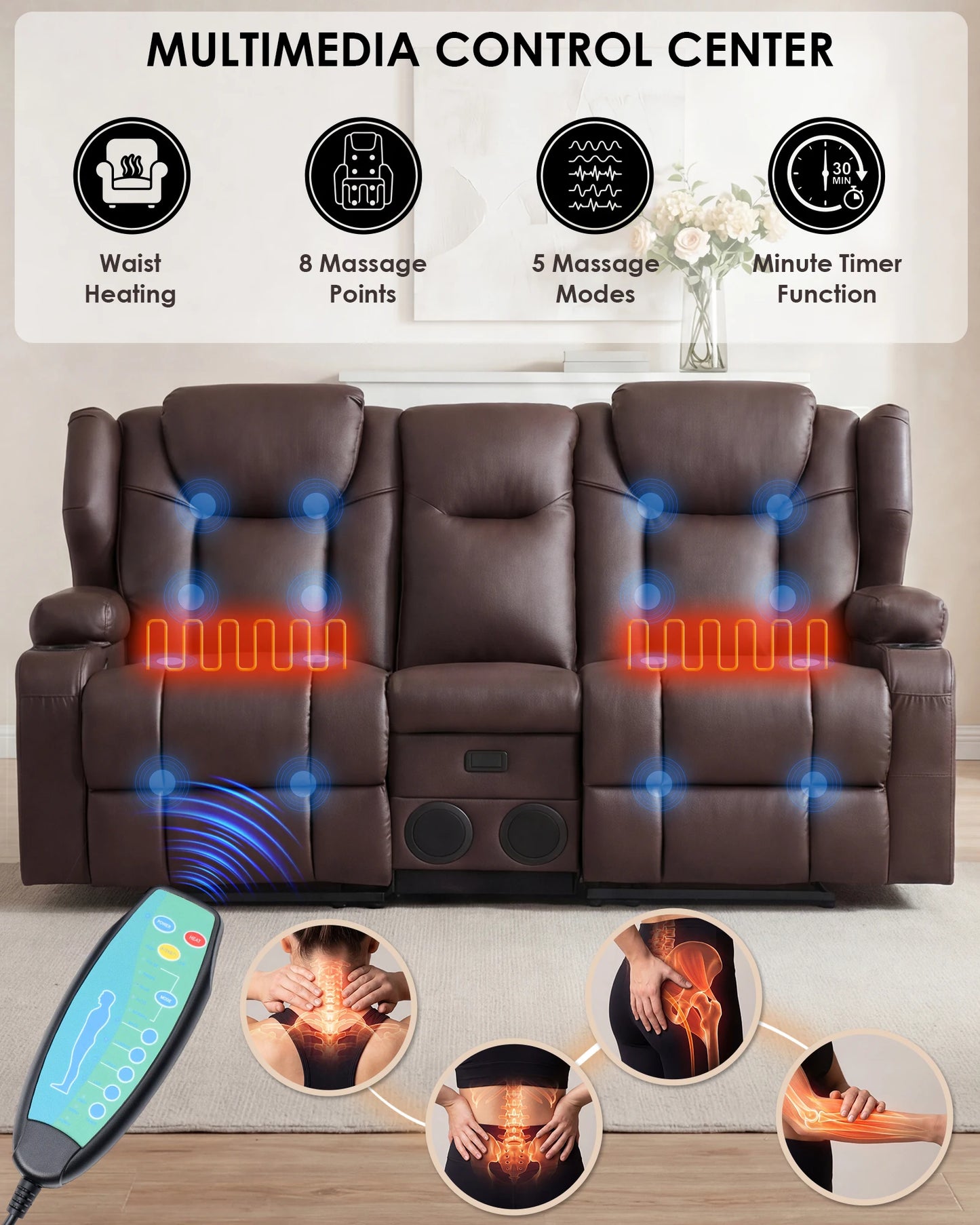 Redlife Loveseat Recliner Sofa With Console Heating Massage