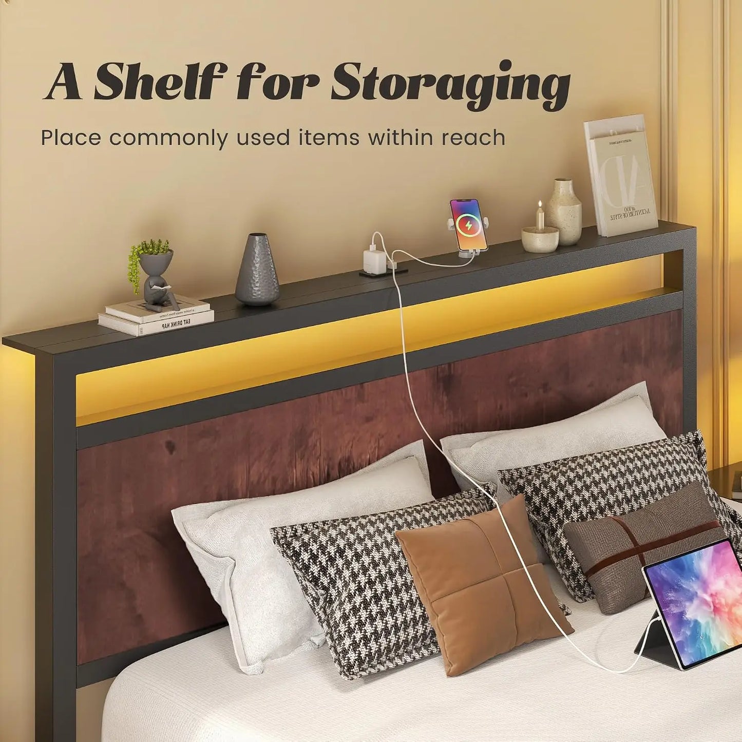 Bed Frame With Headboard And Footboard With USB Charging And LED Light