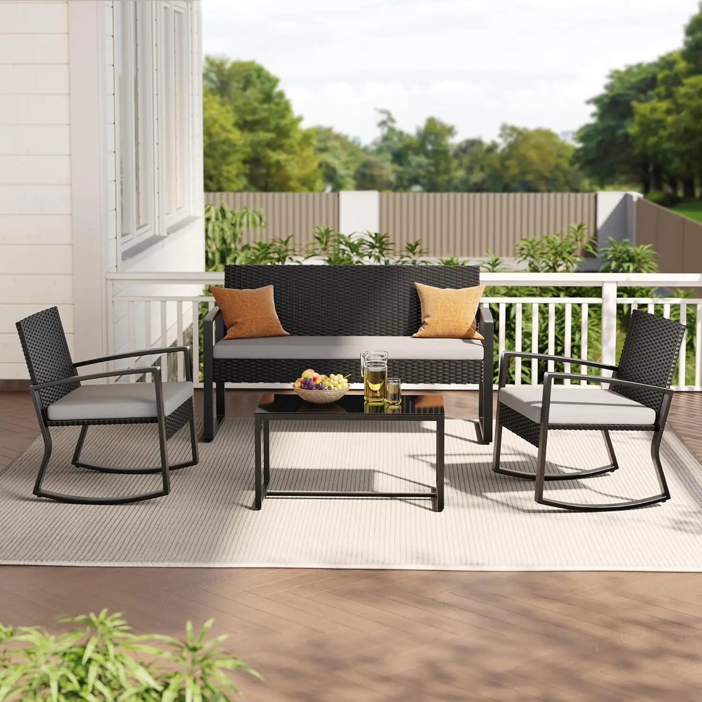4 Piece Outdoor Patio Furniture Set, Wicker Patio Furniture with Glass Coffee Table, Rocking Wicker Bistro Set, for, Customized
