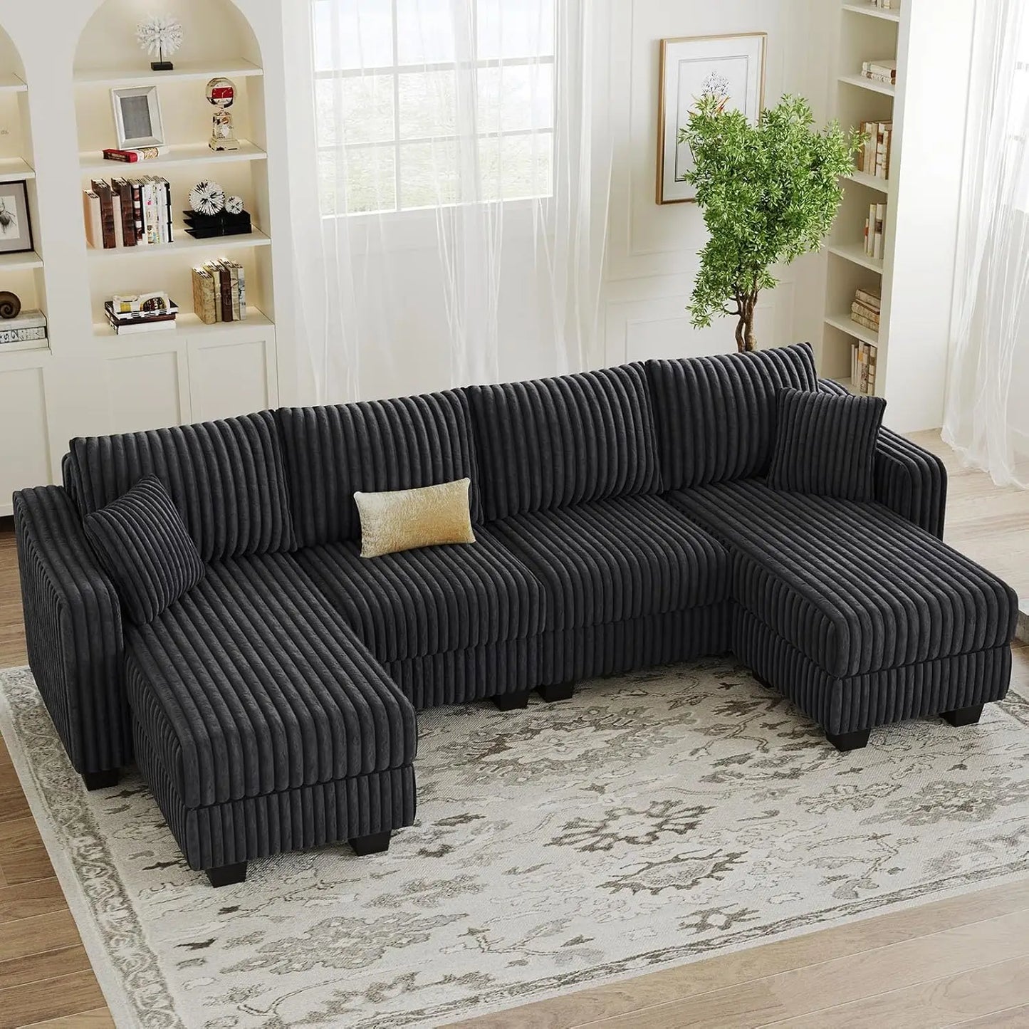U Shape Reversible Sectional Sofa With Ottoman Corduroy Living Room
