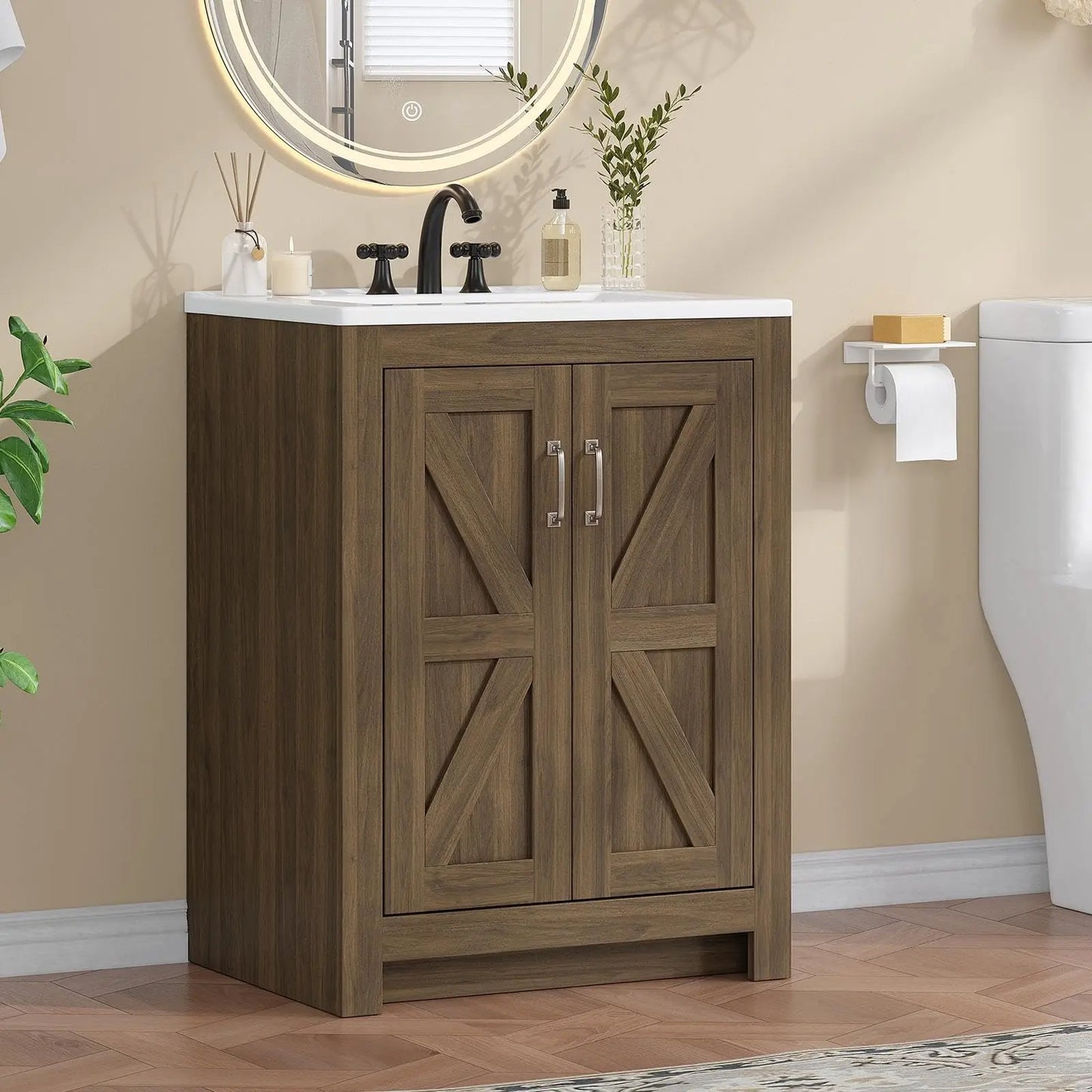 Farmhouse Style Bathroom Vanity With Ceramic Basin And Freestanding Wood Cabinet