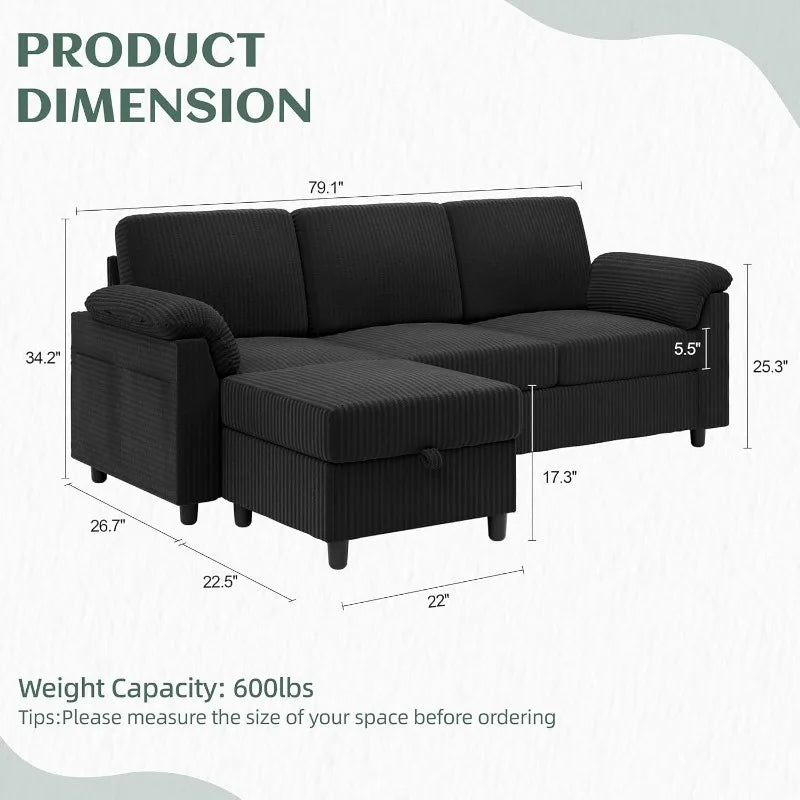 79" Convertible Sectional Couch Sofa with Storage Ottoman, 3 Seat L Shaped Couch with Side Storage Pockage, Linen Fabr