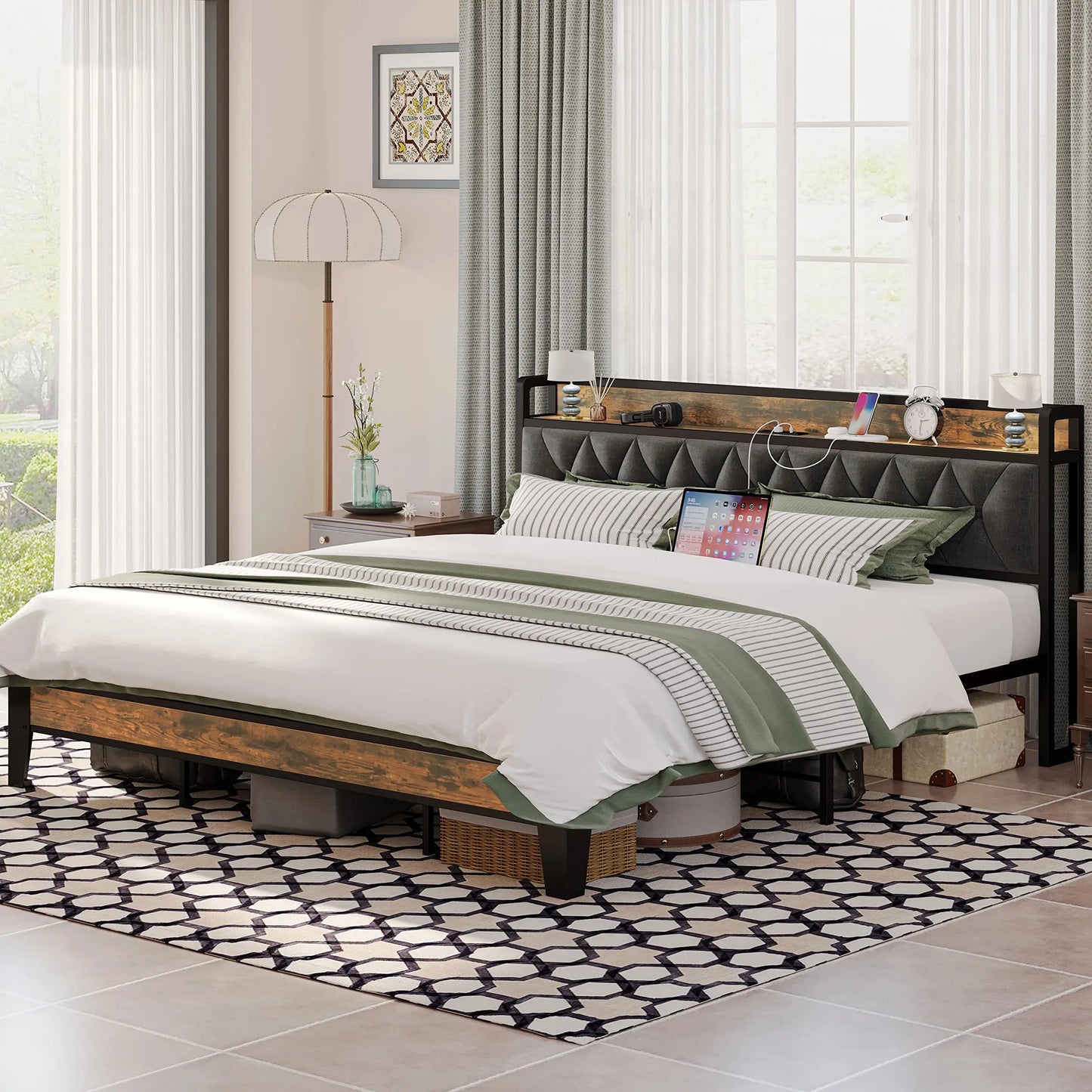 ANCTOR Bed Frames With Storage Headboard Outlets No Noise No Box Springs