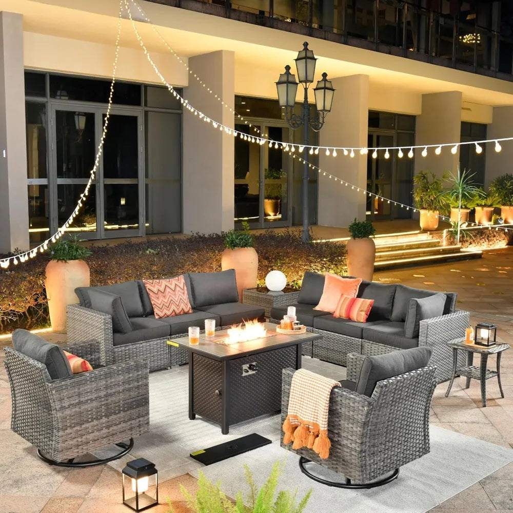 11 Piece Outdoor Patio Furniture Set with Fire Pit Table,Conversation Sectional Wicker Couch with Swivel Chairs,