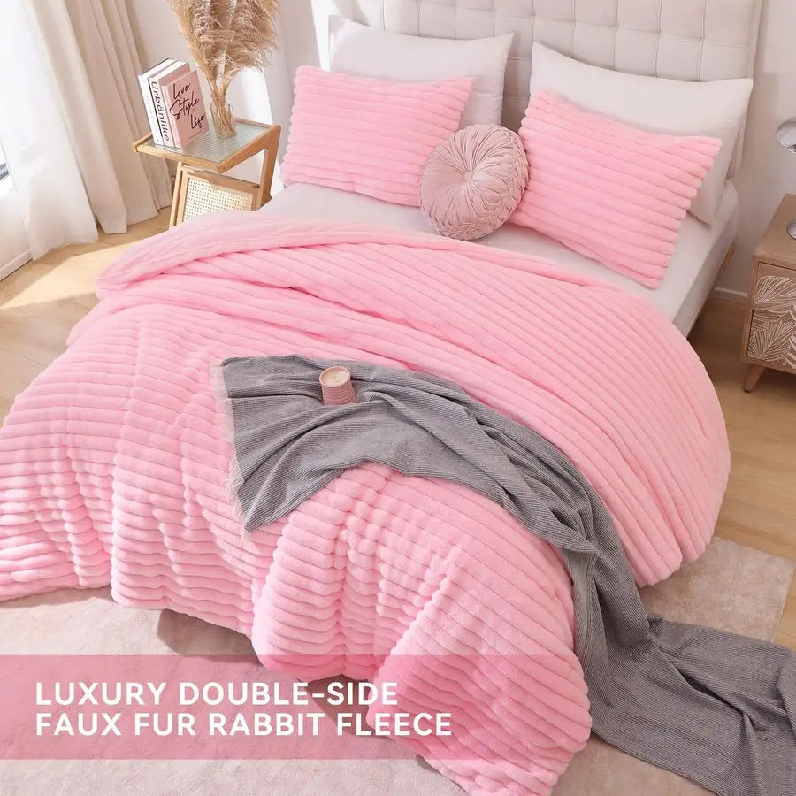 Fluffy Comforter Set 3 Piece Fleece Luxury Bedding