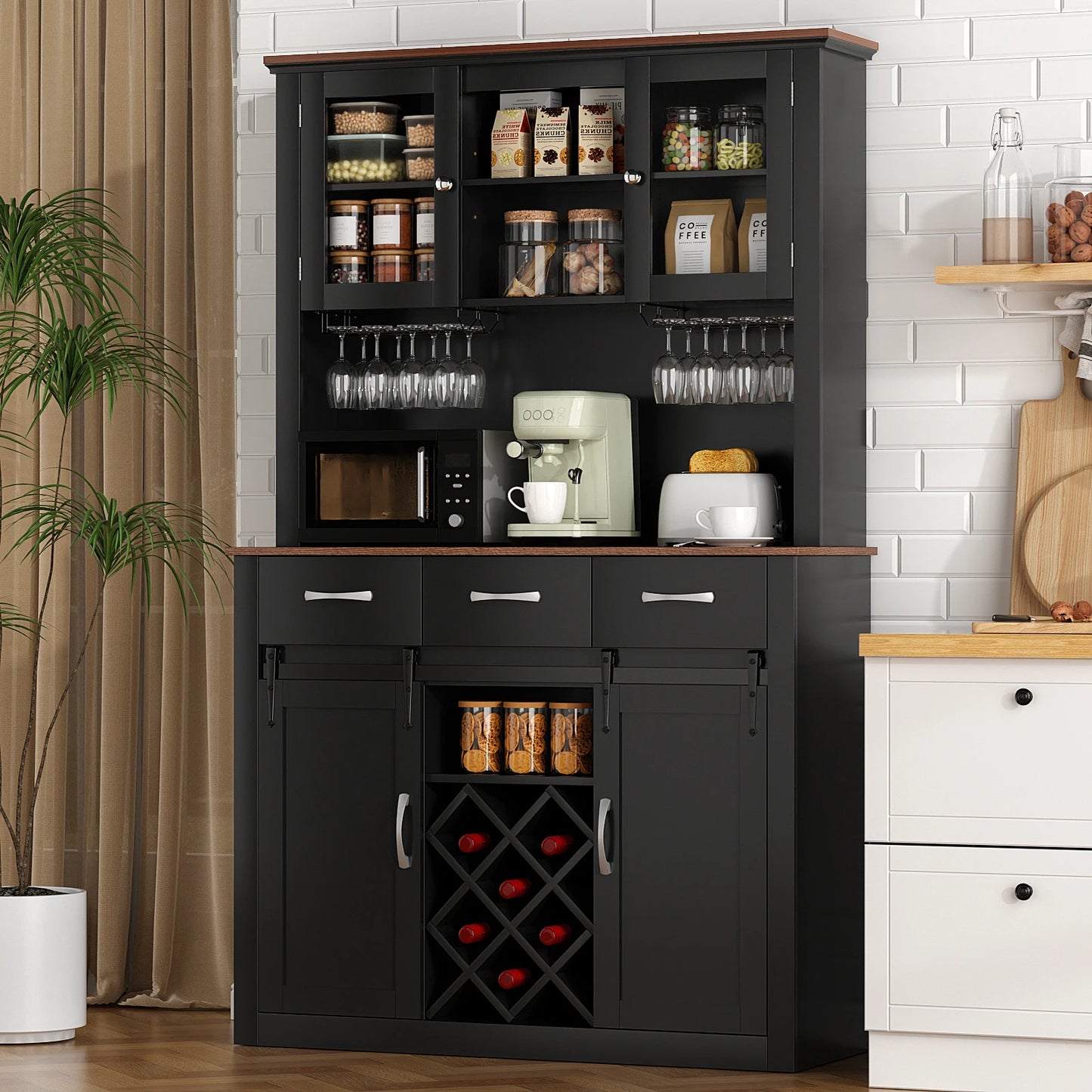VOWNER Farmhouse Bar Cabinet With Sliding Barn Doors Kitchen Pantry