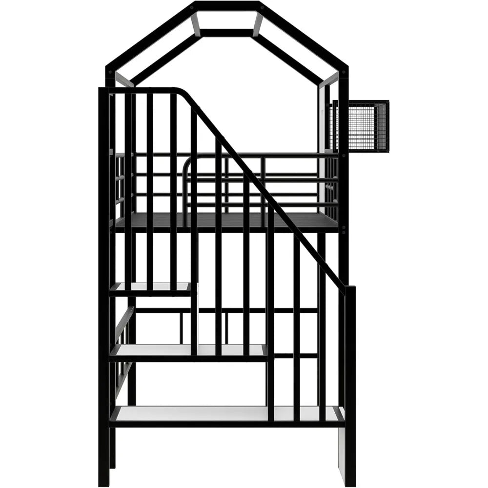 SOFTSEA Twin Size House Loft Bed with Stairs & a Storage Box, Stairway Metal Loft Bed with Roof for Kids, No Noise, Black