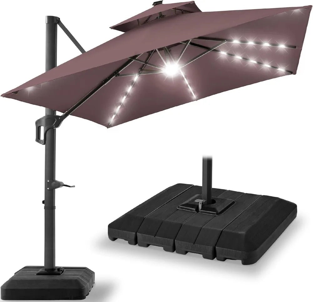 9x12ft LED Cantilever Patio Umbrella w/Base Included & 360° Rotation, Large Solar Offset Hanging Outdoor Sun Shade for Deck