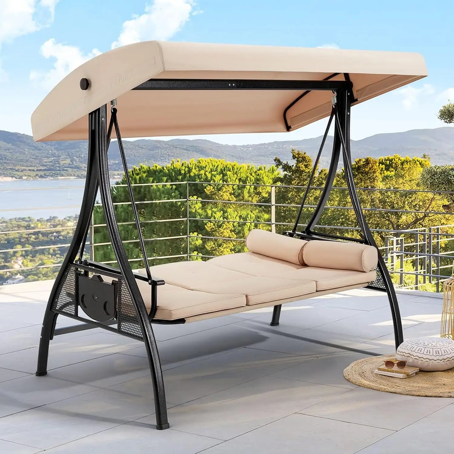 Porch Swing With Adjustable Canopy Cushion Weather Steel Frame
