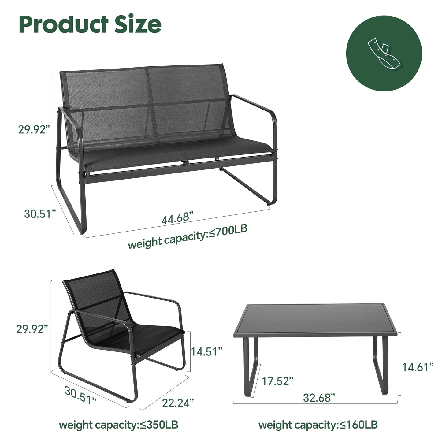 JHK Outdoor Patio Furniture 4 Piece Set With Table Metal Frame