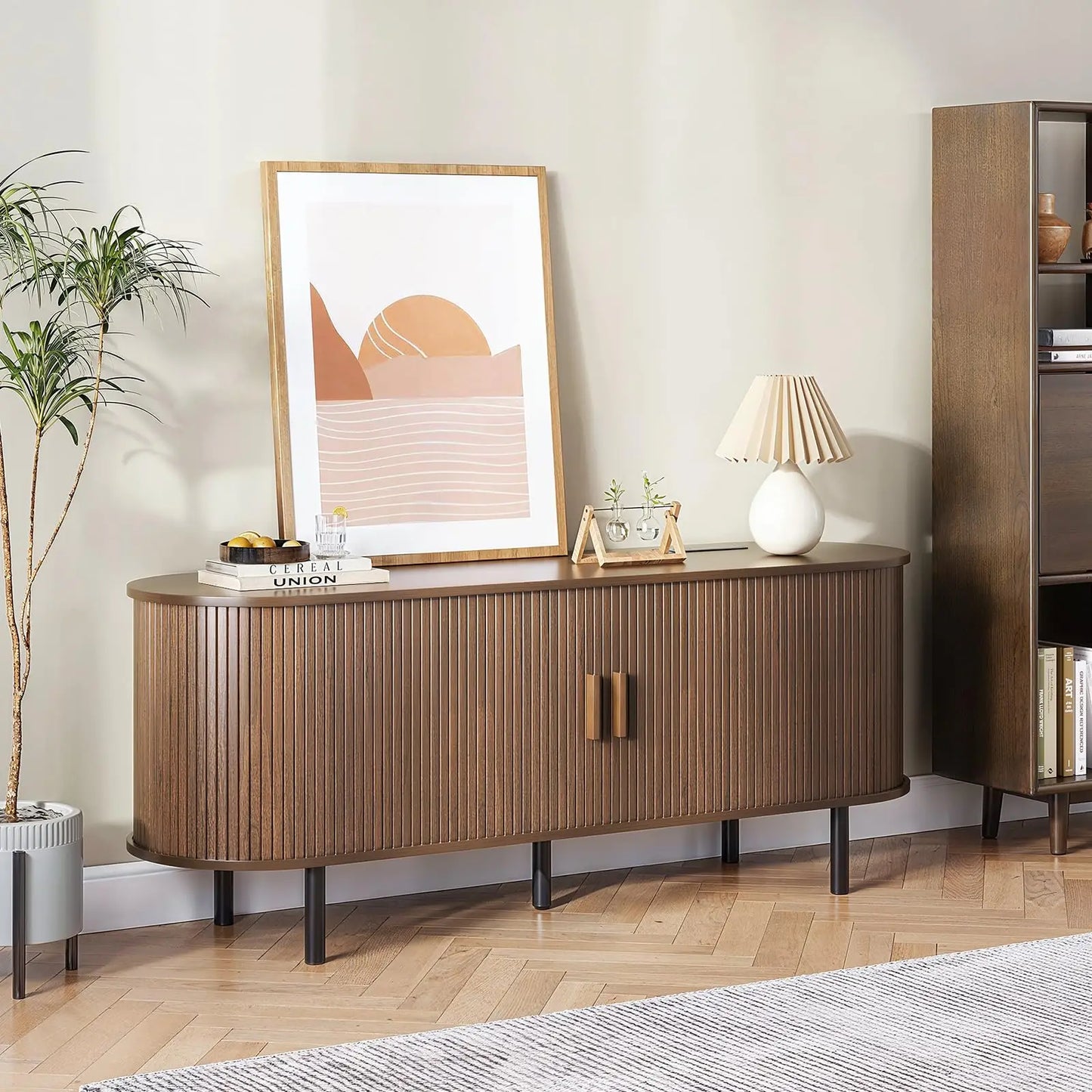 ONBRILL TV Stand With Power Outlet Sliding Doors Adjustable Shelves