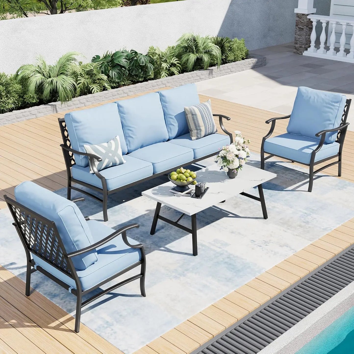 4 Piece Metal Outdoor Patio Furniture Set, Patio Conversation Sets 1 3-seater Sofa, 2 Swivel Chair with 5.75" Extra, Customized