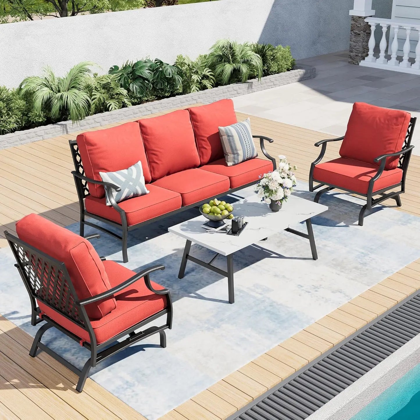 4 Piece Metal Outdoor Patio Furniture Set, Patio Conversation Sets 1 3-seater Sofa, 2 Swivel Chair with 5.75" Extra, Customized