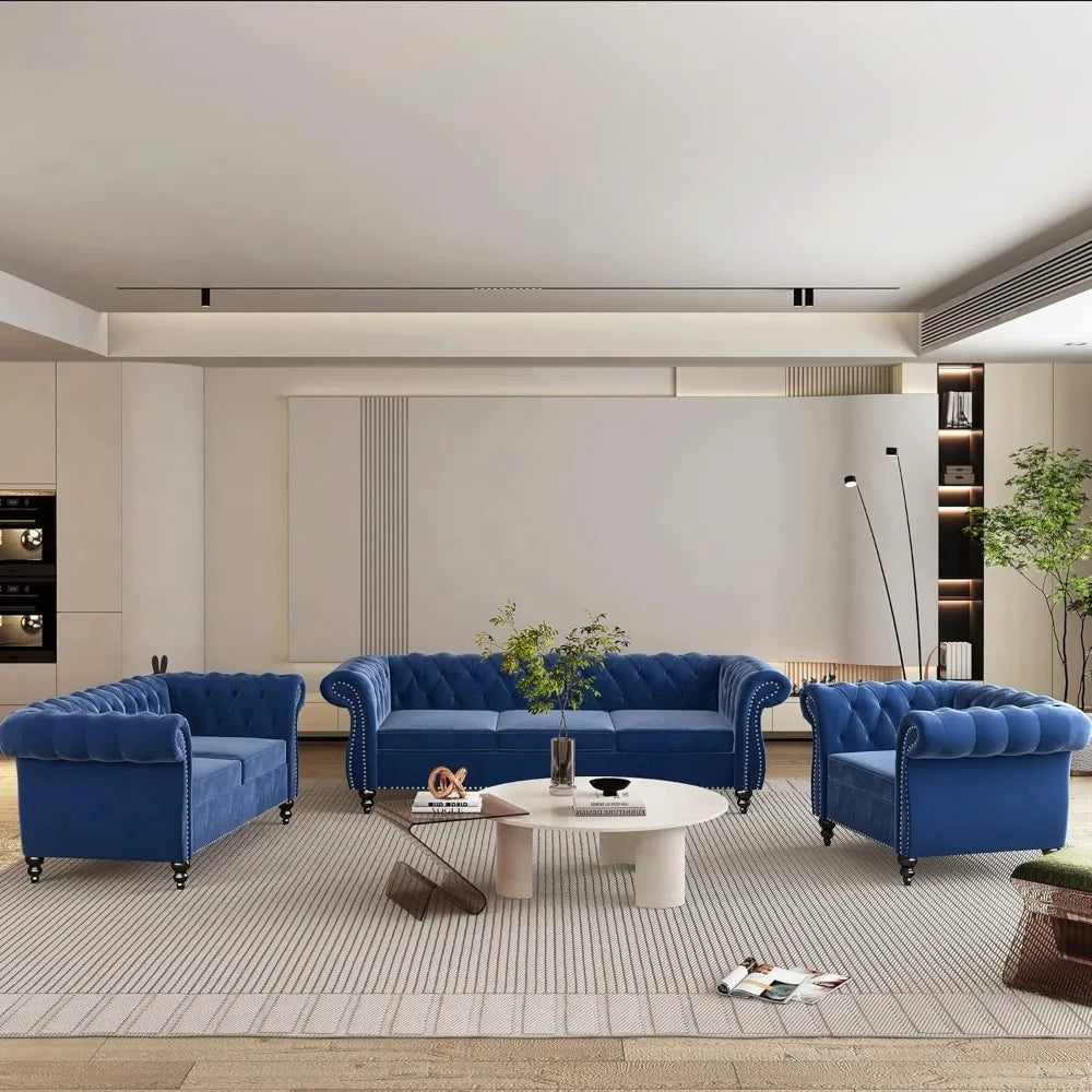 DAFIFY Velvet Chesterfield Sofa Loveseat Chair Set For Living Room