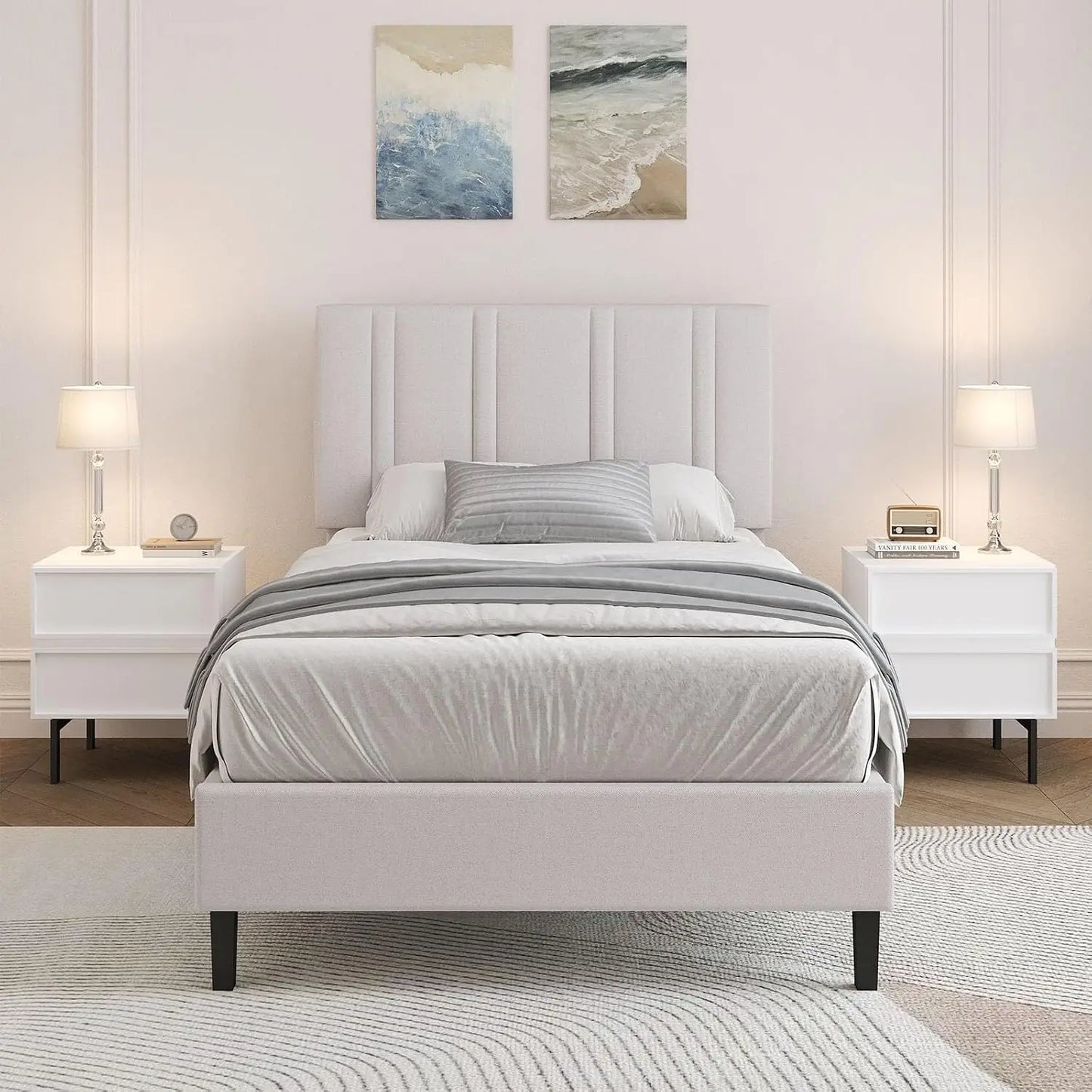 Twin Bed Frame With Adjustable Upholstered Headboard Linen Fabric
