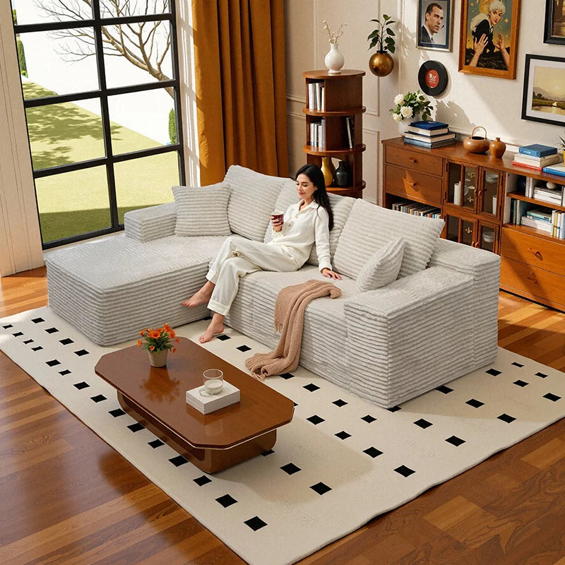 L-Shaped Living Room Sofa Bed Convertible In Corduroy Fabric No Assembly