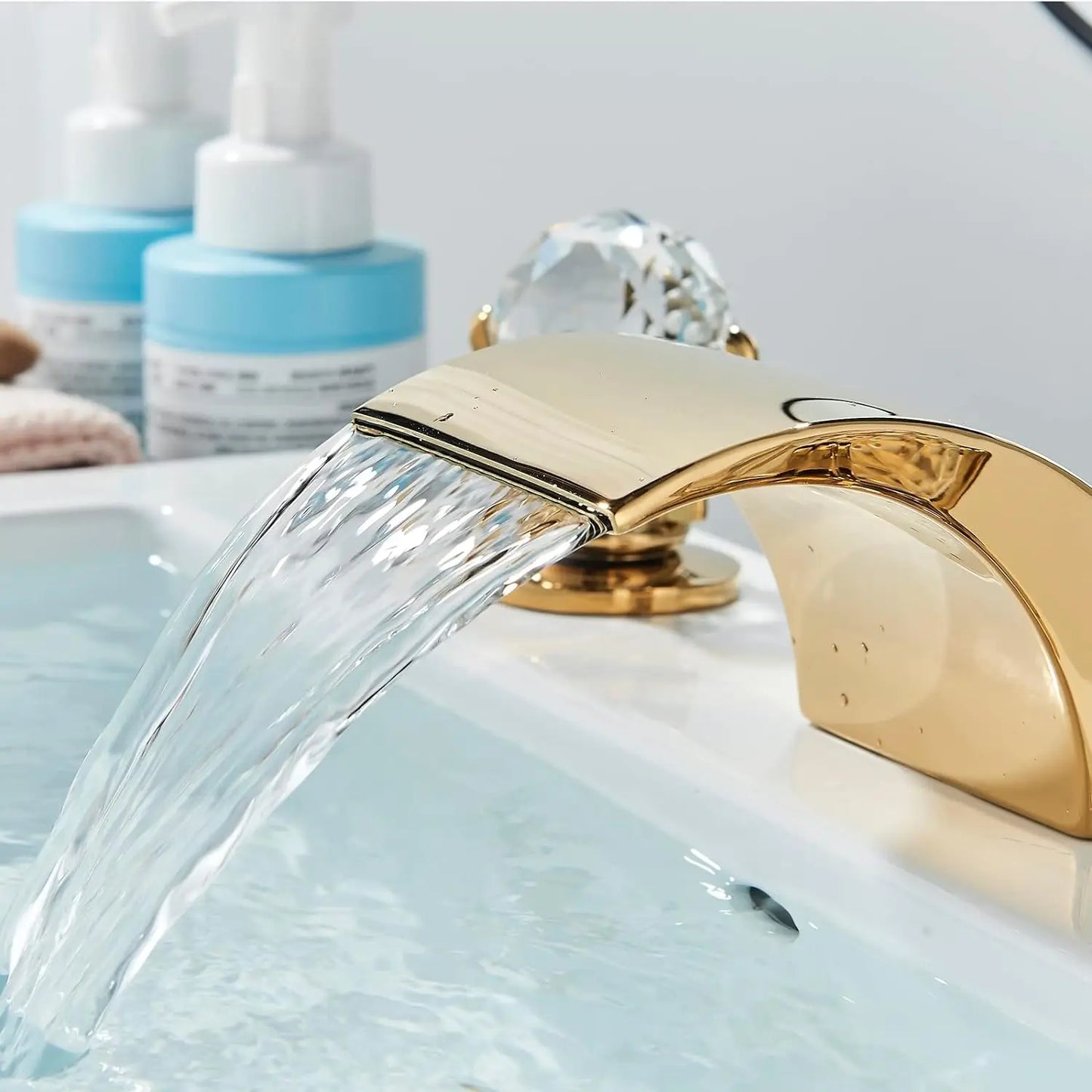 Quyanre LED Widespread Bathroom Faucet Waterfall Lavatory Tap Single Handle