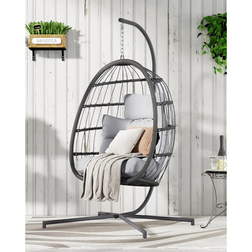 Hanging Egg Chair With Stand Outdoor Patio Wicker Swing Cushion