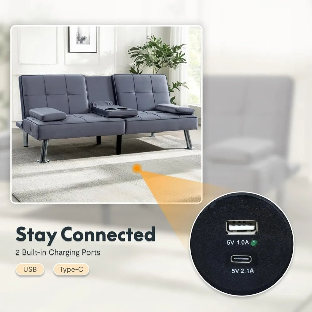XCT3 Futon Sofa Bed With USB Type-C Charging Adjustable Backrest