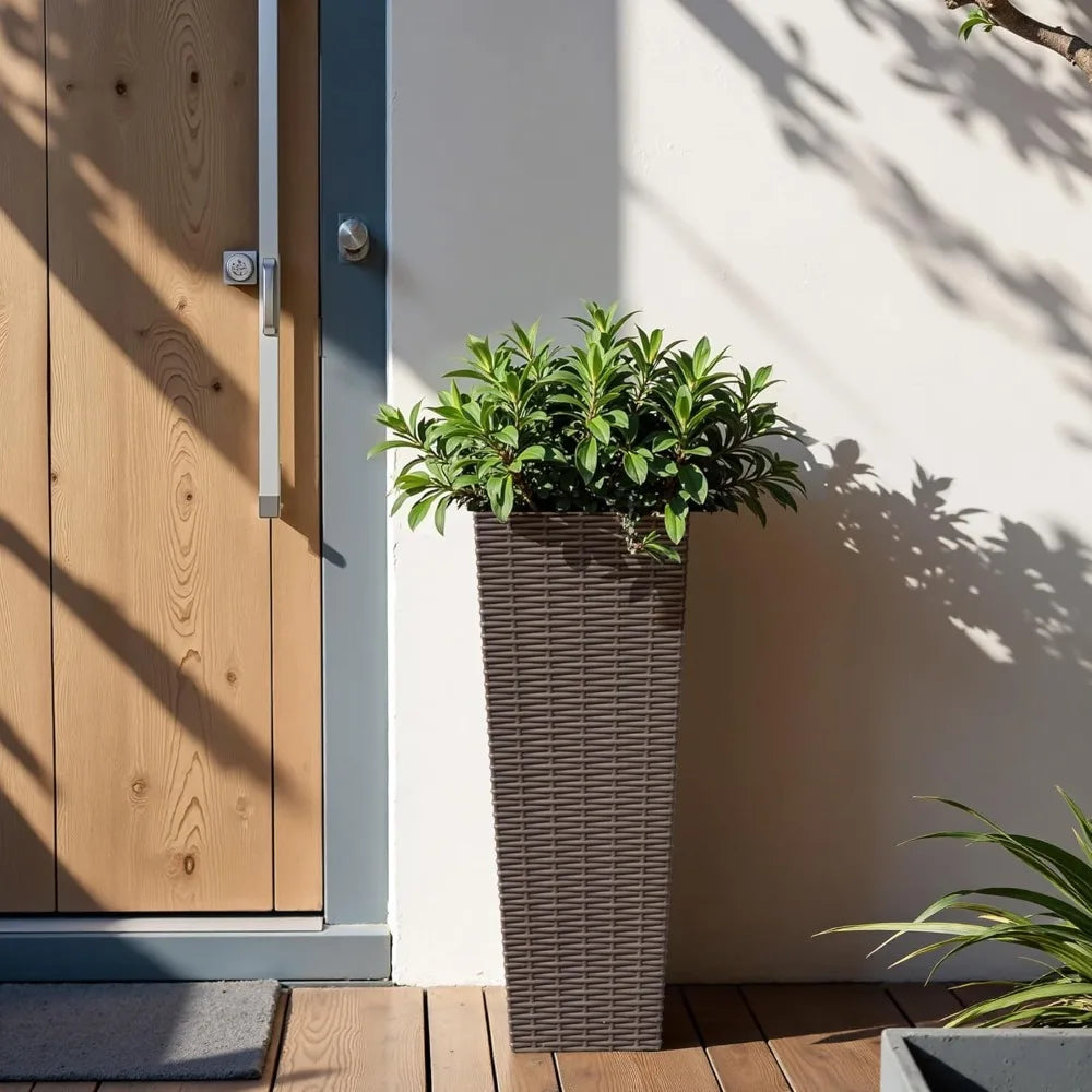 Resin Rattan Design Planters Set of 2 Durable Weather Resistant