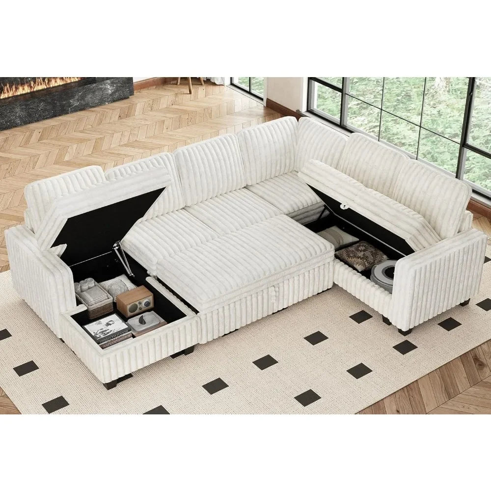 Corduroy Sleeper Sofa Bed With Storage Chaise Modular Sectional