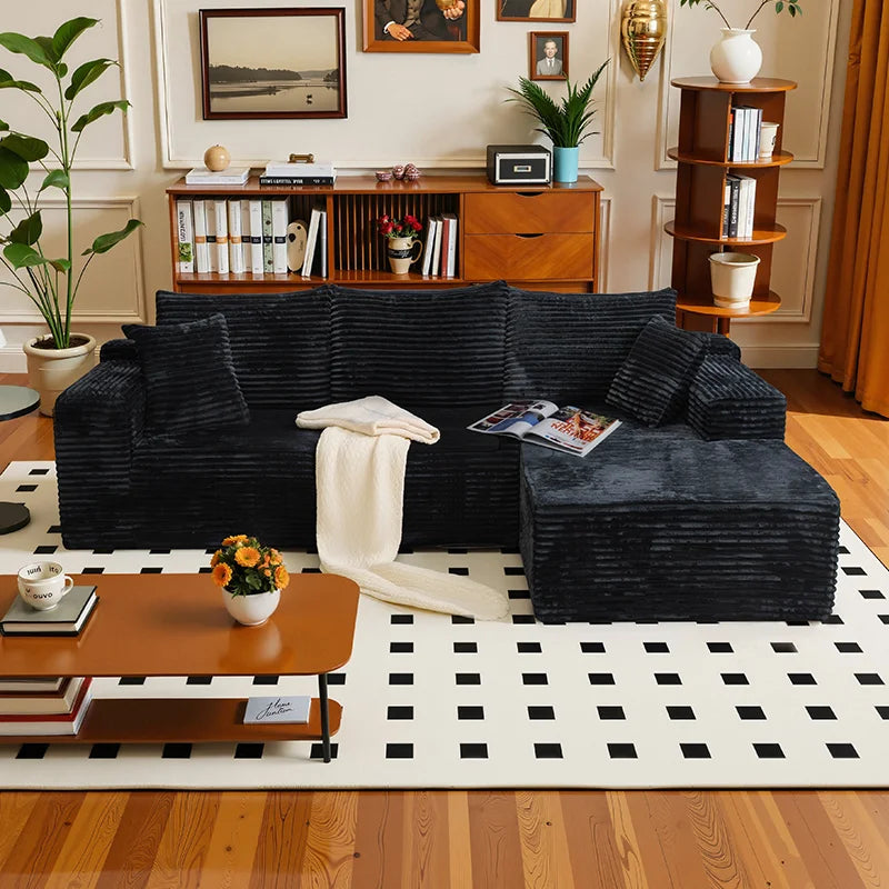 L-Shaped Living Room Sofa Bed Convertible In Corduroy Fabric No Assembly