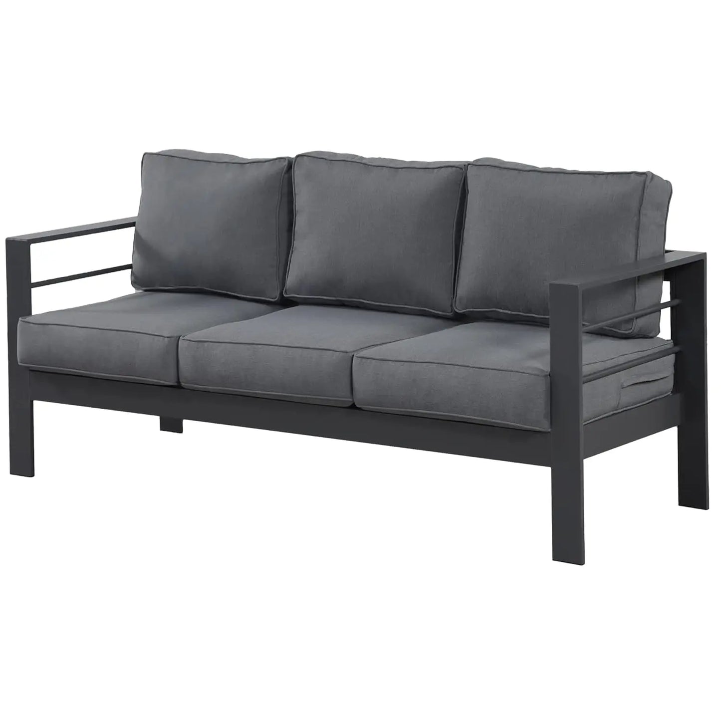 Patio Furniture Aluminum Sofa, All-Weather Outdoor 3 Seats Couch, Black Metal Chair with Light Grey Cushions, Customized