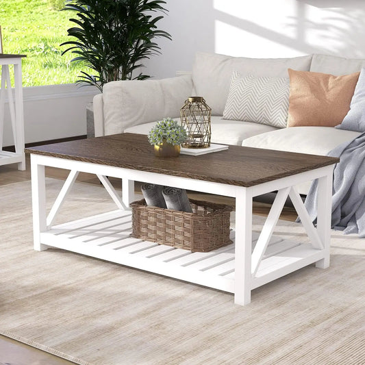 Rustic Vintage Farmhouse Coffee Table with Built-in Shelf, White Finish, Stylish Living Room Accent Furniture, 40-inch