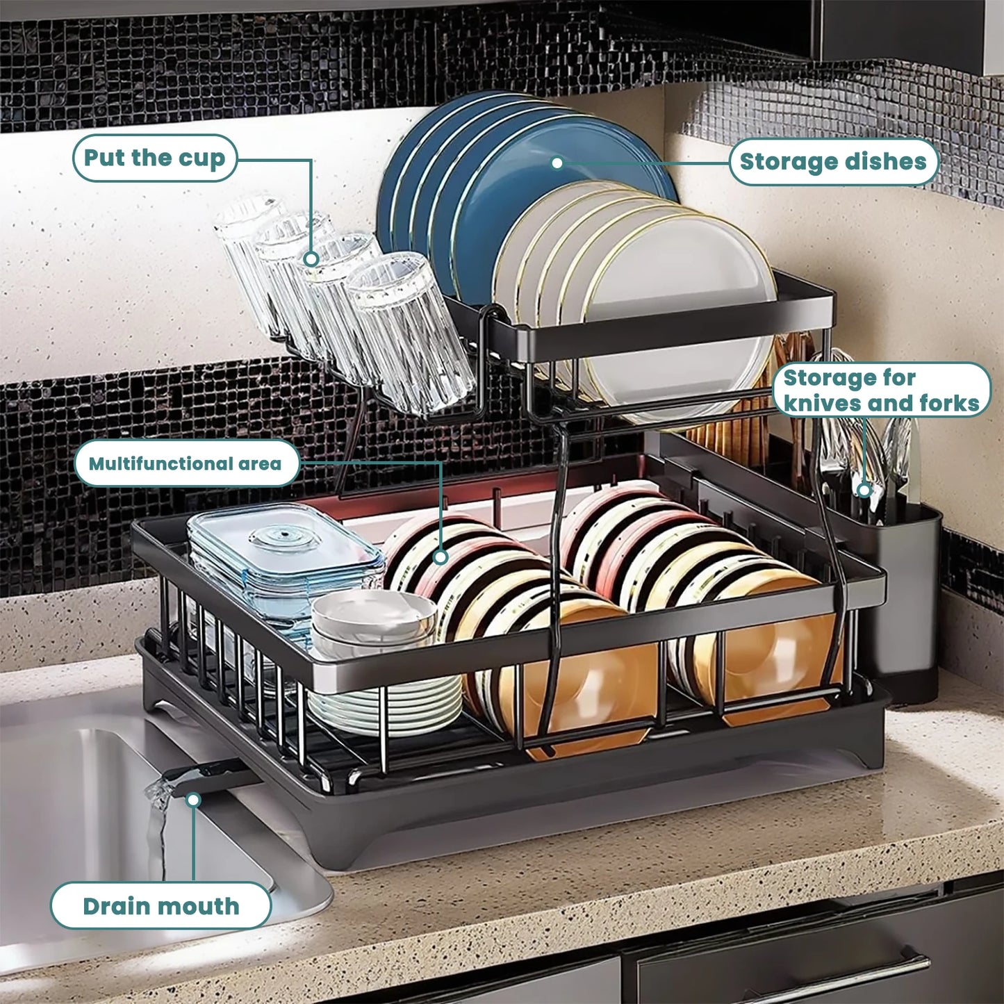 2-Tier Dish Drying Rack For Kitchen Countertops With Removable Tray