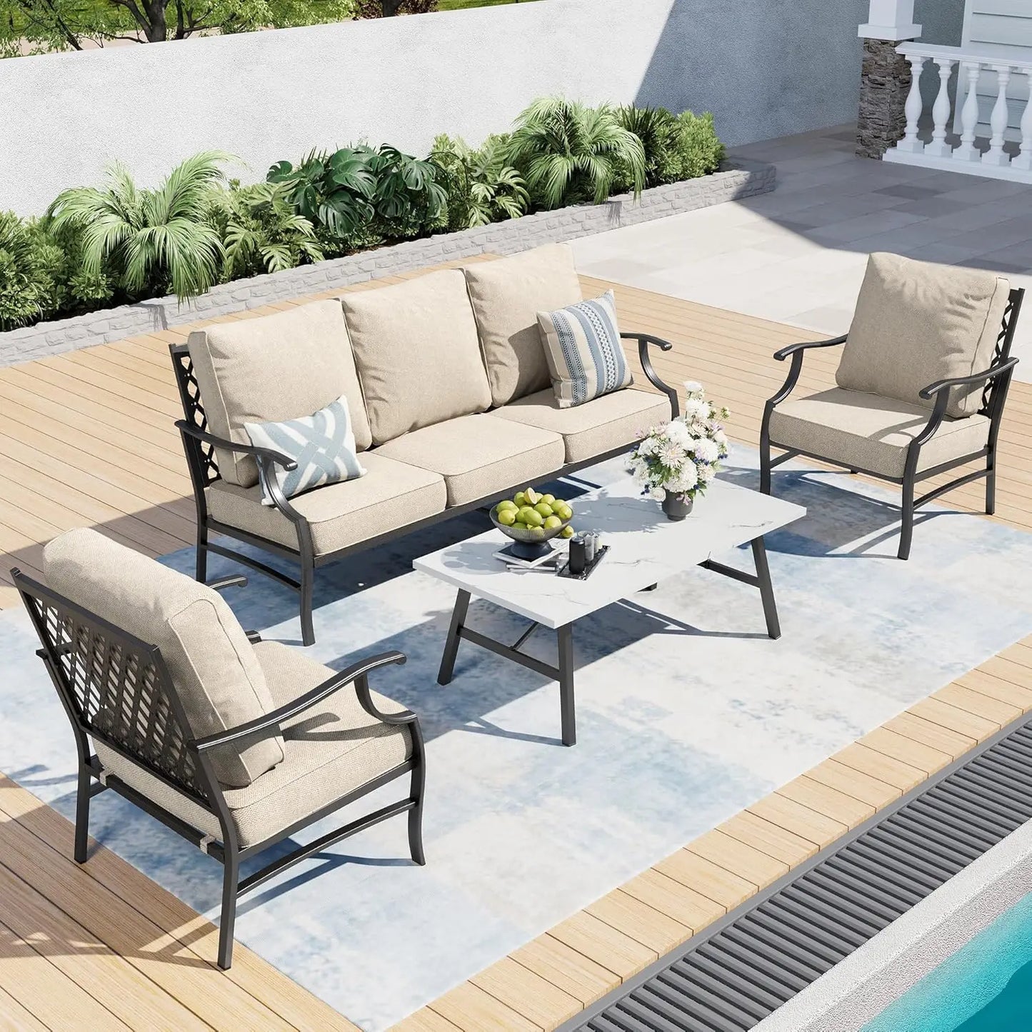 4 Piece Metal Outdoor Patio Furniture Set, Patio Conversation Sets 1 3-seater Sofa, 2 Swivel Chair with 5.75" Extra, Customized